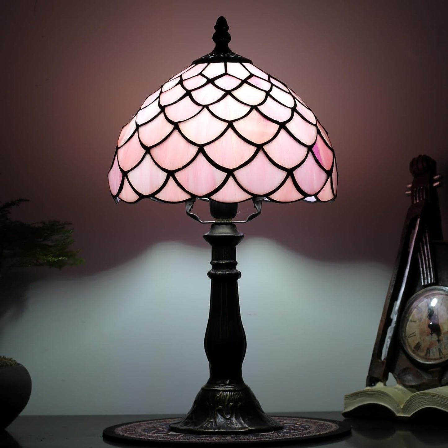 Tiffany Table Lamp for Bedroom Bedside Nightstand Table Lamps for Living Room 3 Way Color Temperatures Stained Glass Table Lamp 8X8X15 Inch Home Office Reading Desk Lamp (Pink Fish Scales)