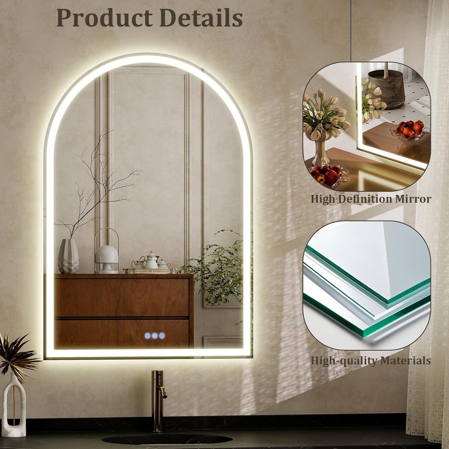 BEAUTYPEAK LED Arch Bathroom Mirrors with Lights, 40x30 Arch Mirror with Metal Frame, Anti-Fog,LED Mirror with Front Light and Backlit, Memory Function for Bathroom, Dressing Room