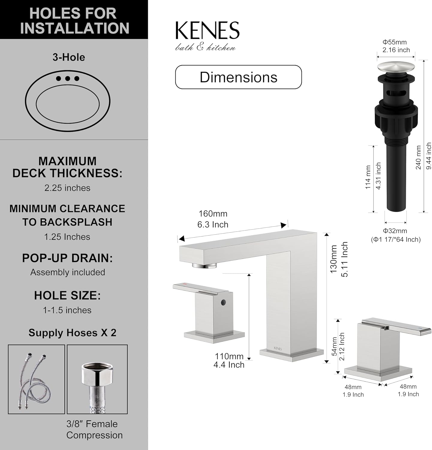 KENES Brushed Nickel Widespread Bathroom Faucet 2 Handle Bathroom Sink Faucet 3 Hole, 8-Inch 3 Pieces Vanity Faucet with Pop Up Drain & Supply Lines, KE-9050-P