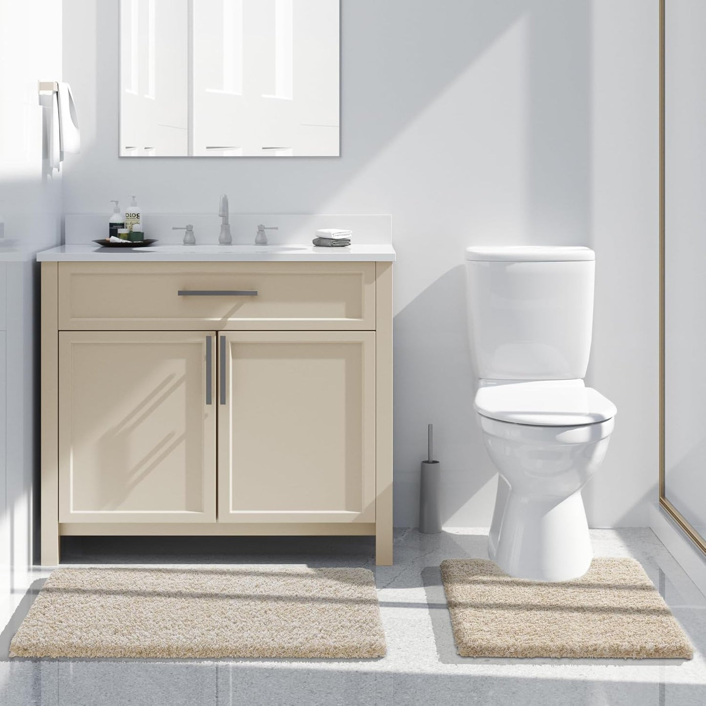 Yimobra Toilet Rugs U Shaped 24x20, Ultra Soft and Water Absorbent Bath Mats, Non Slip Fluffy Luxury Microfiber Contour Bath Rugs for Toilet, Dry Quick, Machine Washable, Light Beige and White
