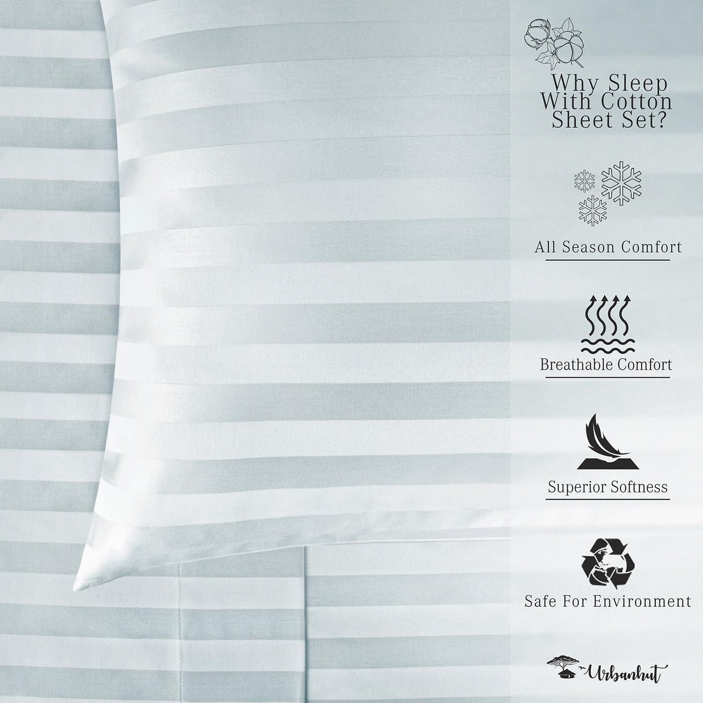 URBANHUT 1000 Thread Count Damask Striped California King Sheet Set Egyptian Cotton, Long Staple Soft & Breathable, 4 Pc Bed Sheet Sets, Luxury Hotel Sateen Sheets Fits 16" Deep Pocket - Light Blue