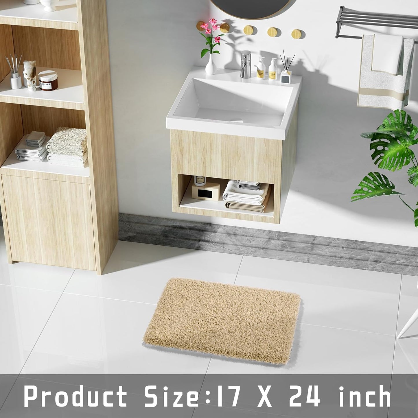 Yimobra Bathroom Rugs Non Slip Washable, Ultra Soft and Water Absorbent Bath Mats, Plush Fluffy Shower Mat Outside, Dries Quickly, Microfiber Thick Matts for Bathroom Floor/Sink, 24x17, Pure Beige