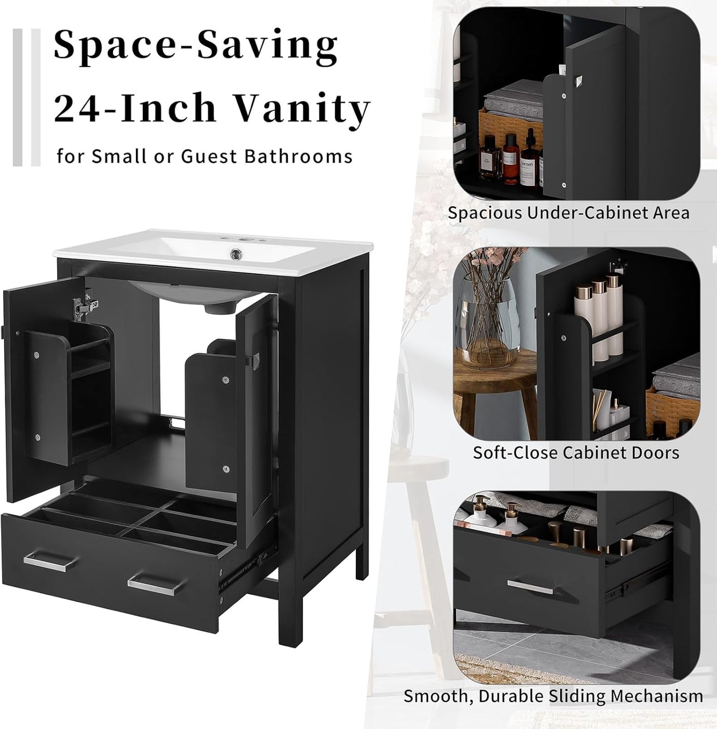 24" Bathroom Vanity with Sink Combo Set, Solid Wood Frame Bathroom Storage Cabinet with 2 Drawers and 1 Drawer, Double-layer Door Shelf, Soft Closing Cabinet Door with Organizer, Black