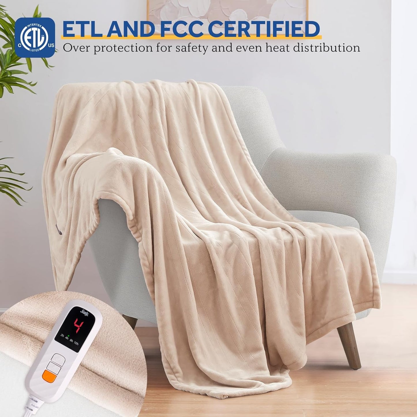 Sealy Heated Blanket Electric Throw 50"x60", Soft Double Flannel Electric Blanket with 6 Heat Levels & 2-10 Hours Auto Shut Off, Machine Washable, Even Heat Distribution, Beige