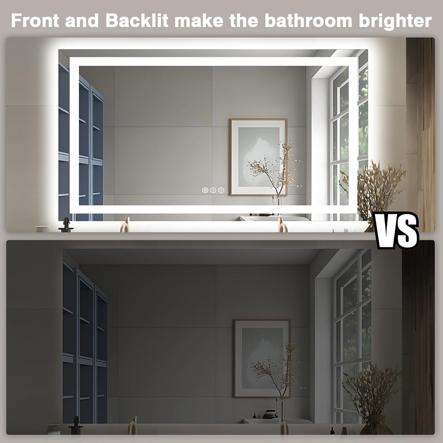 55"x30" LED Bathroom Mirror, Front & Backlit, Anti-Fog Vanity Mirror with Dimmable Lights, 3 Colors Smart Mirror (Horizontal/Vertical)