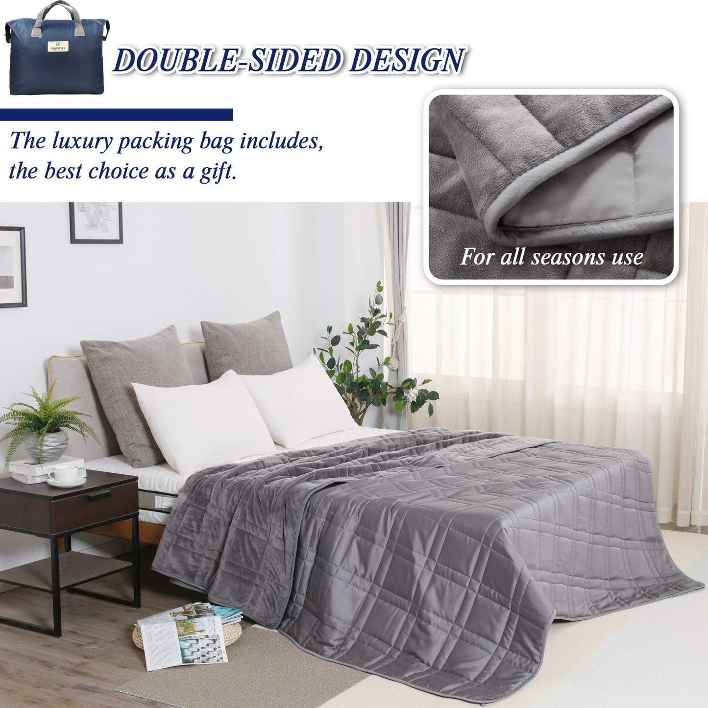 OMYSTYLE Weighted Blanket for Adults, Reversible Tencel/Short Plush Warming & Cooling 2 in 1 All Season Heavy Blanket - Bonus Carry Bag Included