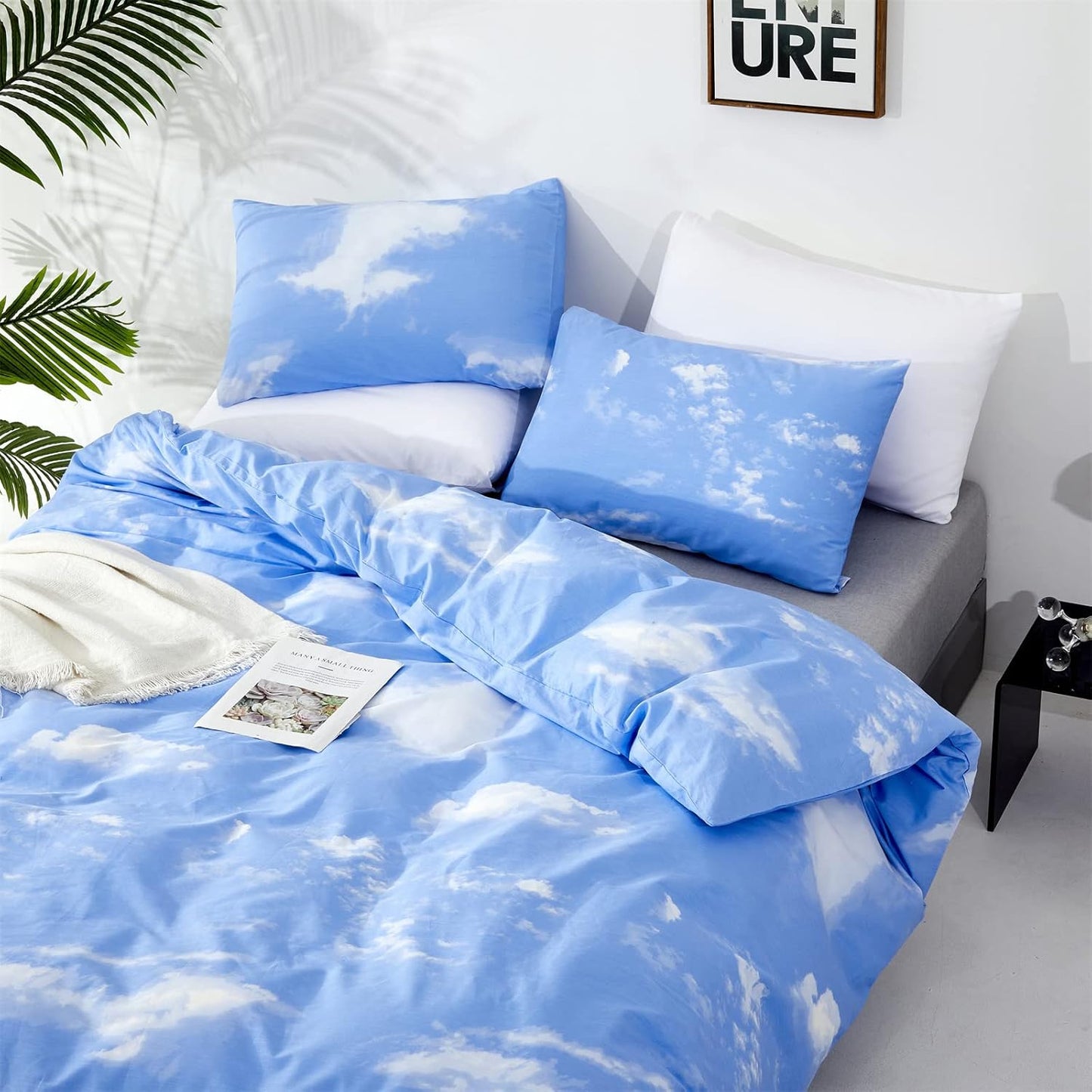 KAREVER Cotton Blue Cloud Comforter Set Twin Size Sky Blue Bedding Kids 3 Pieces Soft Light Blue Twin Comforter Bedding Set Boys Girls Solid Blue Twin Bed Blanket Set for All Season as Gift