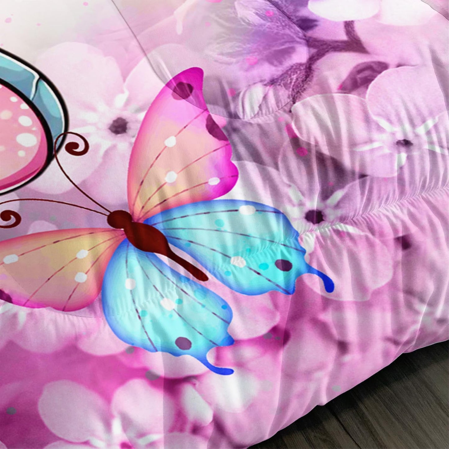 Cartoon Axolotl Comforter Kids Bedding Set,Axolotl Flower Butterfly Bedding King Size for Boys Girls Room Kawaii Decor,Pink Toddler Comforter Sets with 2 Pillowcases.