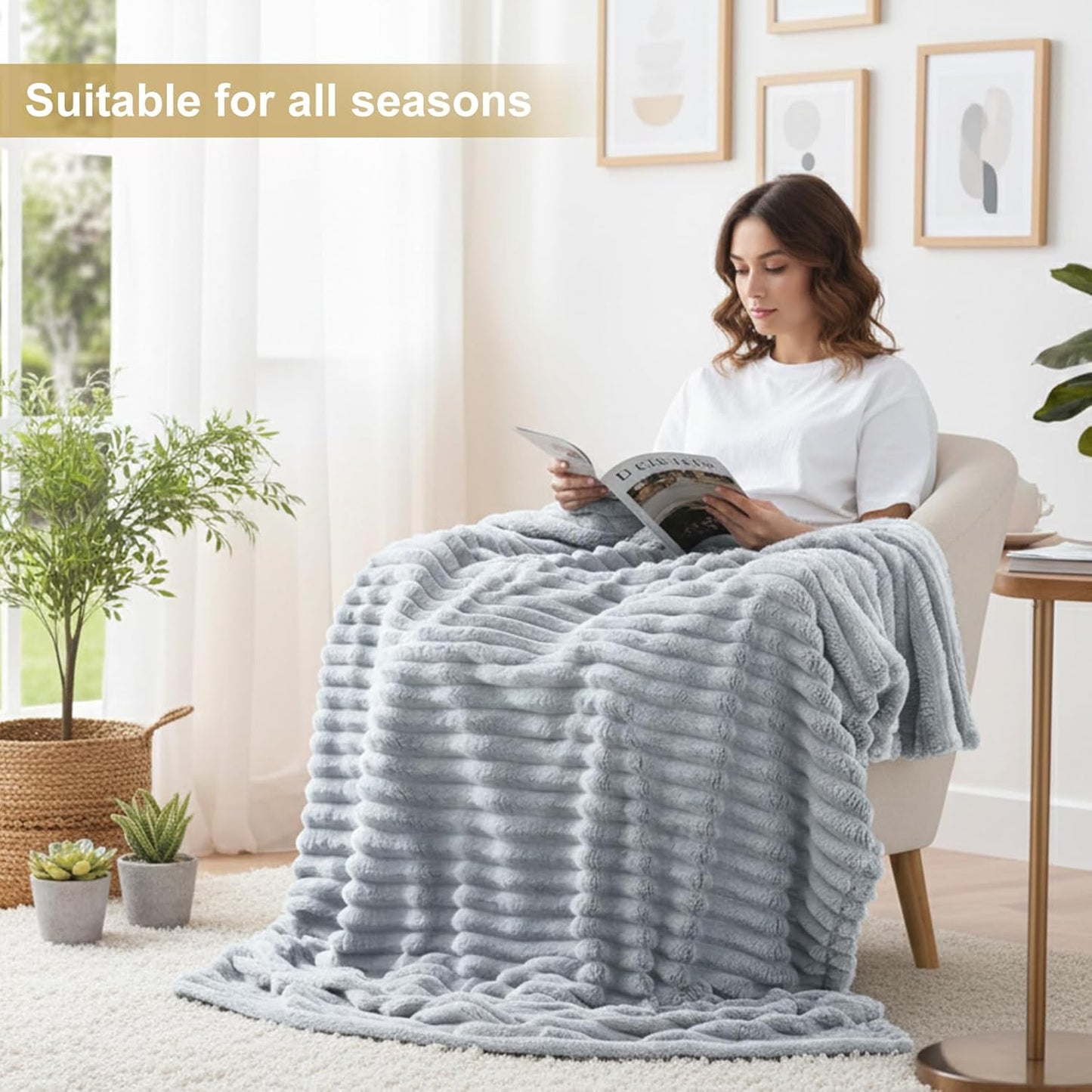 decorUhome Christmas Soft Fleece Light Grey Blanket King Size for Bed, Cozy Fluffy Plush Flannel Large Striped Throws for Couch Sofa, Lightweight Decorative Fuzzy Blanket for Woman, 108x90 Inches