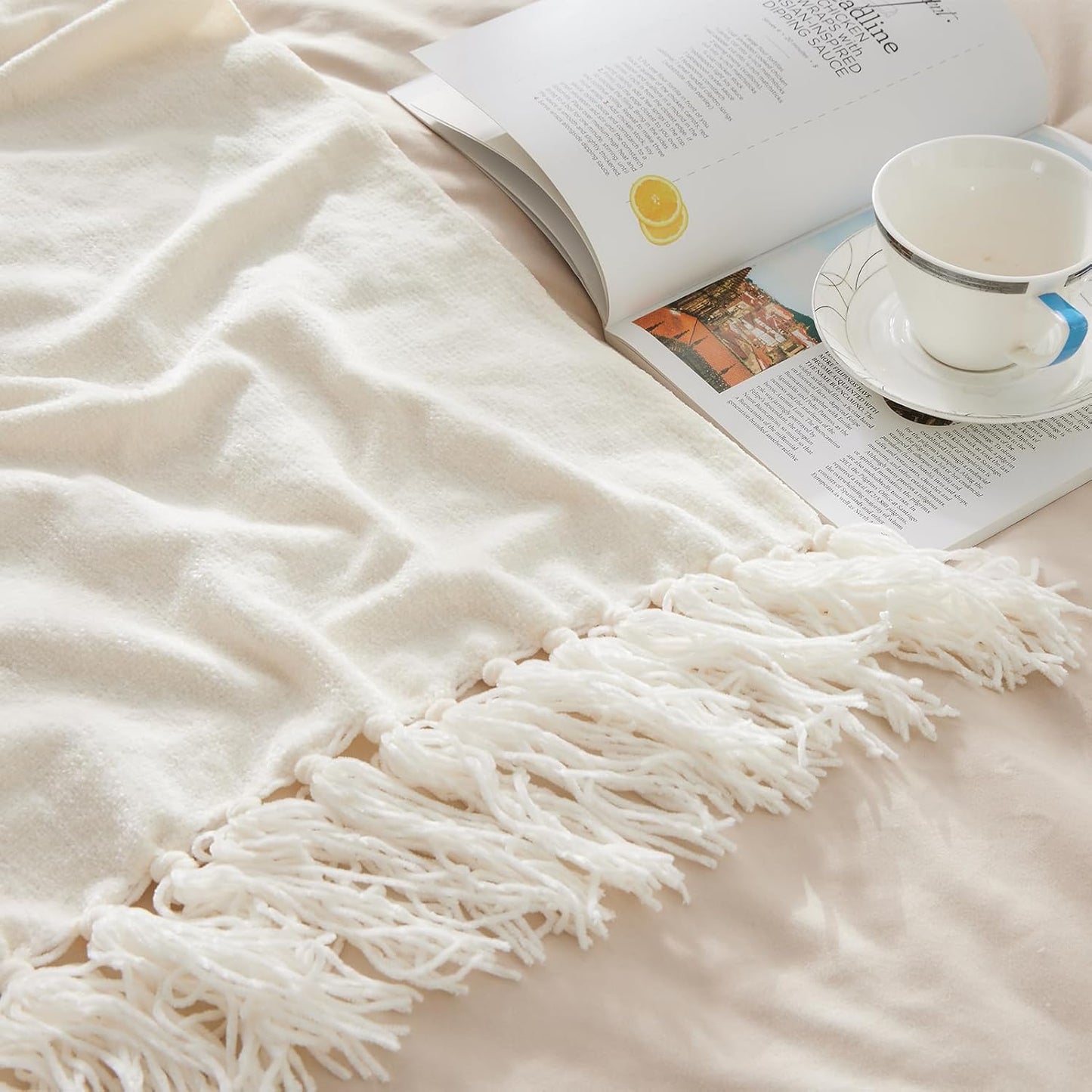 CozeCube Chenille Throw Blanket for Couch, Cozy Plush Fuzzy Decorative Cream White Blanket with Fringe Tassels, Lightweight Throws for Bed Sofa Gift Home Decor, 50"X60"