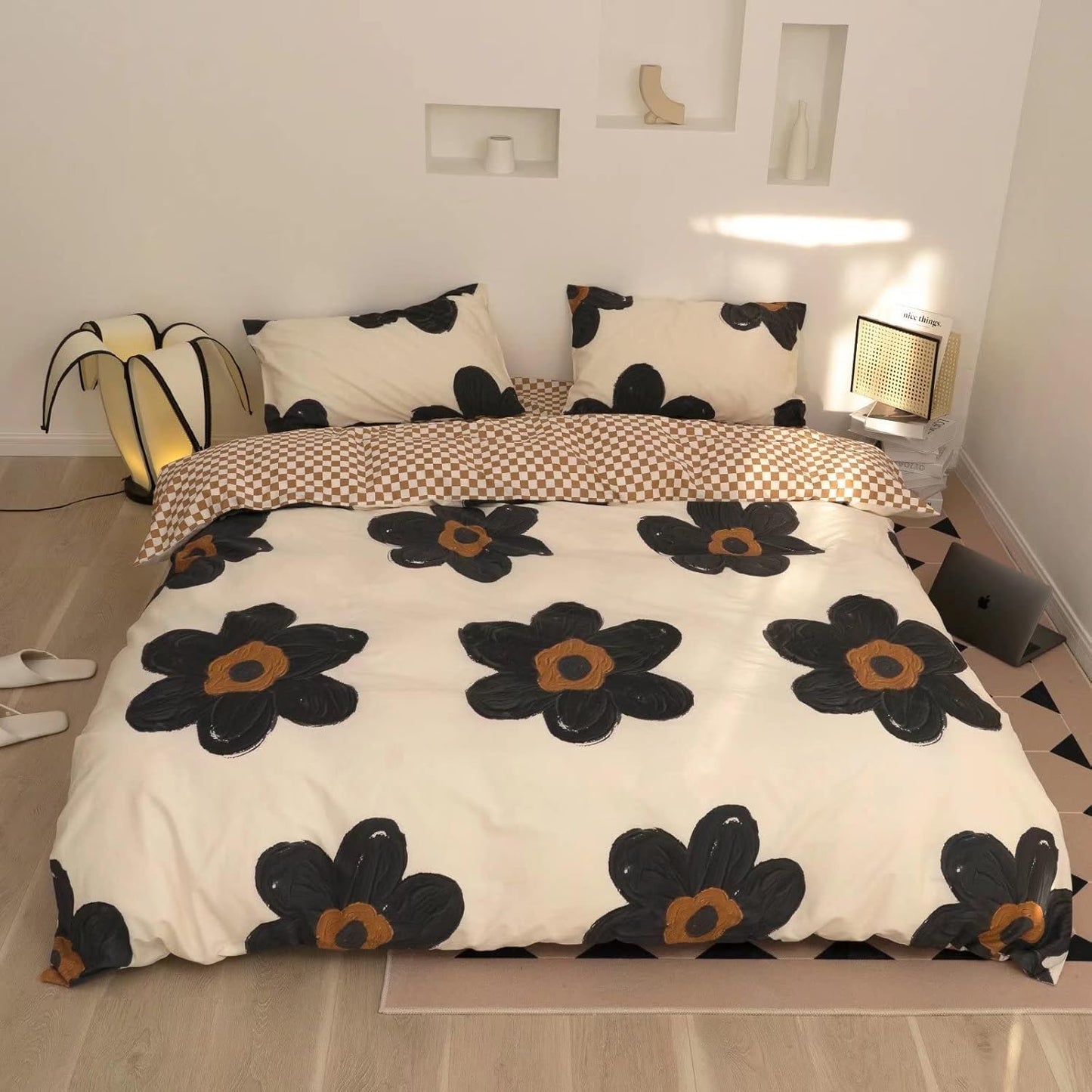 KAREVER Black Floral Comforter Set Black Botanical Bedding Full Women Chic Blankets Lightweight Black Sunflower Reversible Bed Comforter Set Full Size