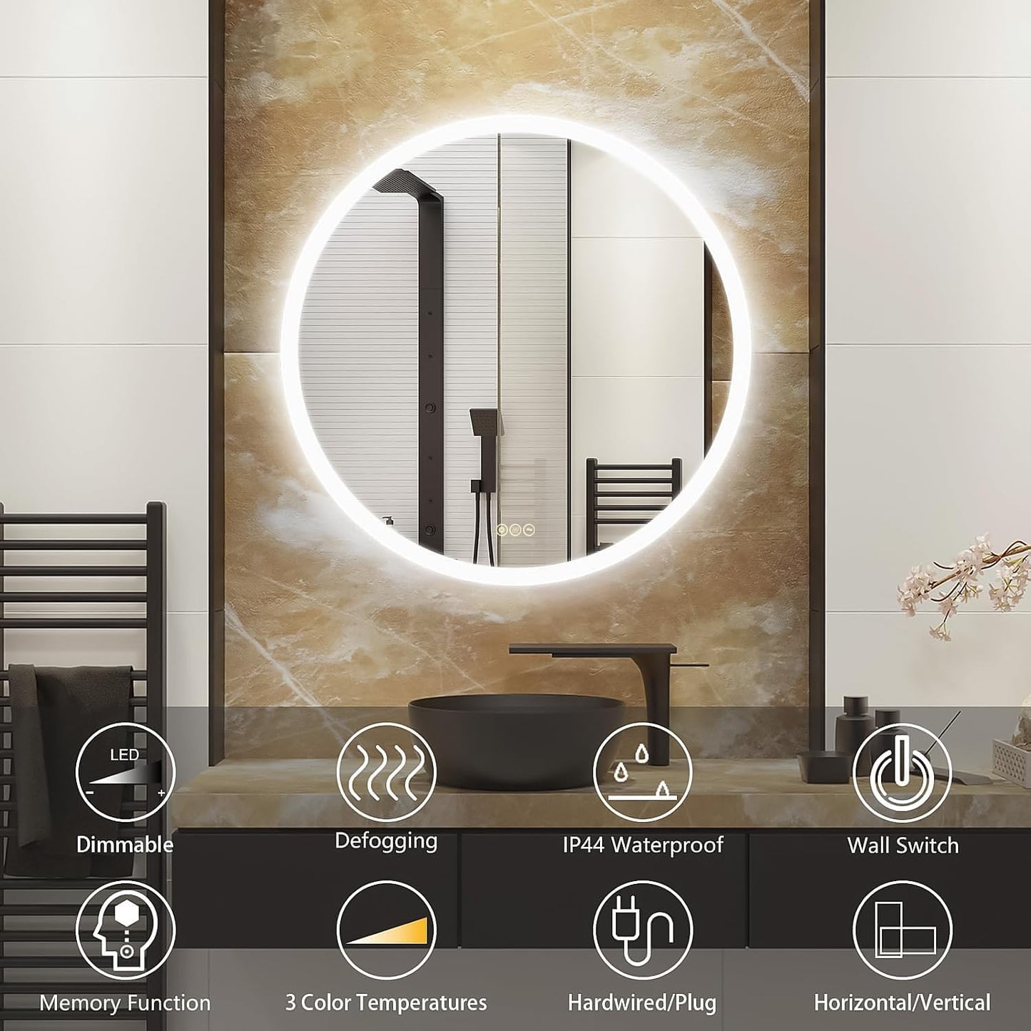 Wall-Mounted LED Round Bathroom Mirror, Makeup Mirror (36inches x36 inches,) 3 Color Stepless Dimmable Memory Bathroom Vanity Mirror with Lights CRI90+ 3000-6400K Smart Mirror with Touch