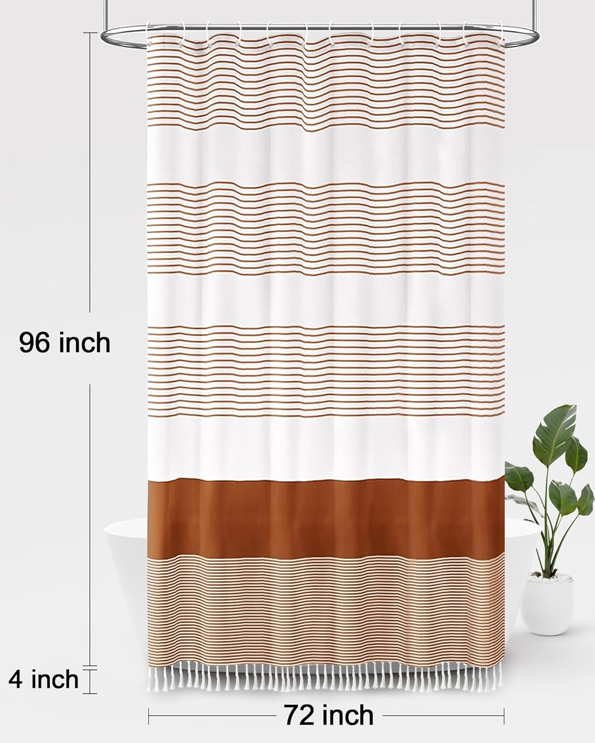 Awellife Boho Orange Shower Curtain for Bathroom Farmhouse Cotton Stripe Tassel Shower Curtain Natural Texture 96" L x 72" W