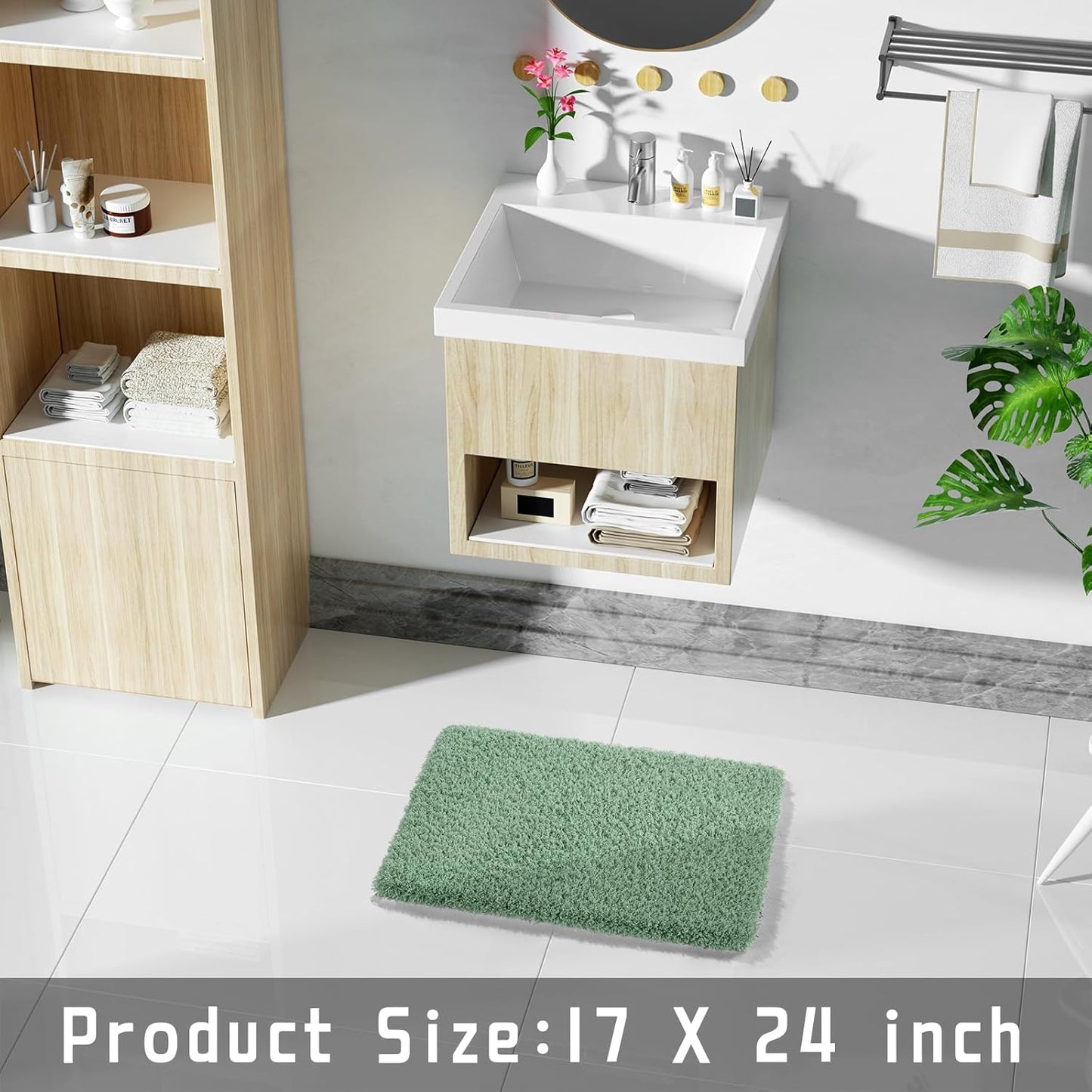 Yimobra Pure Light Green Bathroom Rugs Non Slip Washable, Ultra Soft and Water Absorbent Bath Mats, Plush Fluffy Shower Mat Outside, Microfiber Thick Matts for Bathroom Floor/Sink, 24x17