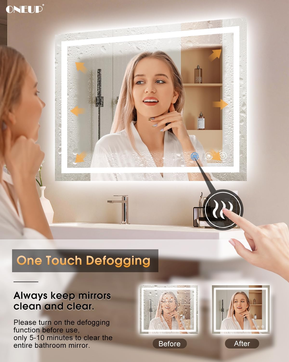 oneup 40''x36'' LED Bathroom Mirror with Lights,Front Lighted Bathroom Mirrors for Wall,Anti-Fog Vanity Mirror,Touch Button and Memory Function,Dimmable 3-Color Lights (Horizontal/Vertical)