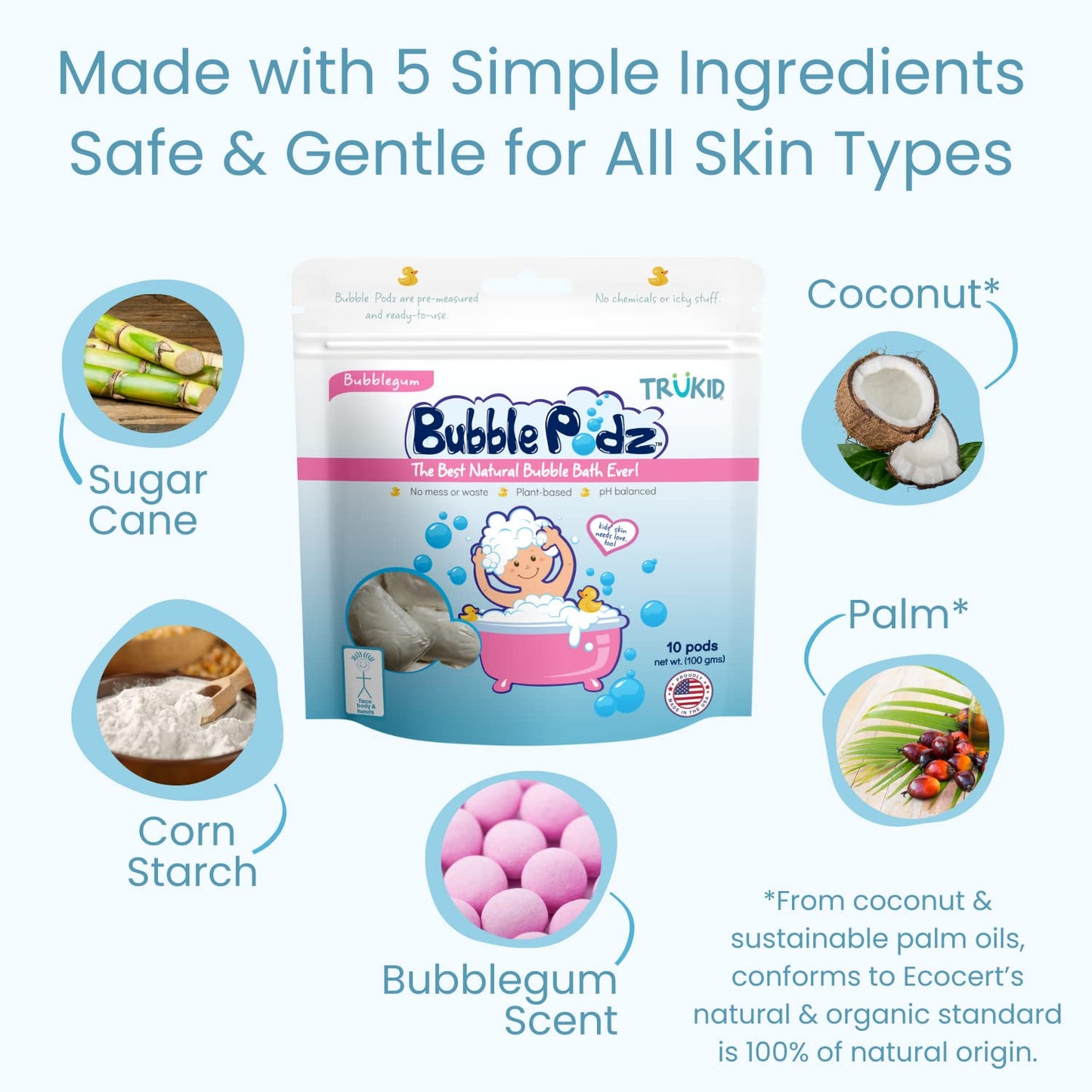 TruKid Bubble Podz Bubble Bath for Kids, Toddlers, & Babies, Tear Free Gentle & Refreshing Bath Bomb for Sensitive Skin with Natural Moisturizers, Non-Toxic, pH Balanced, Bubble Gum Scent (60 Podz)
