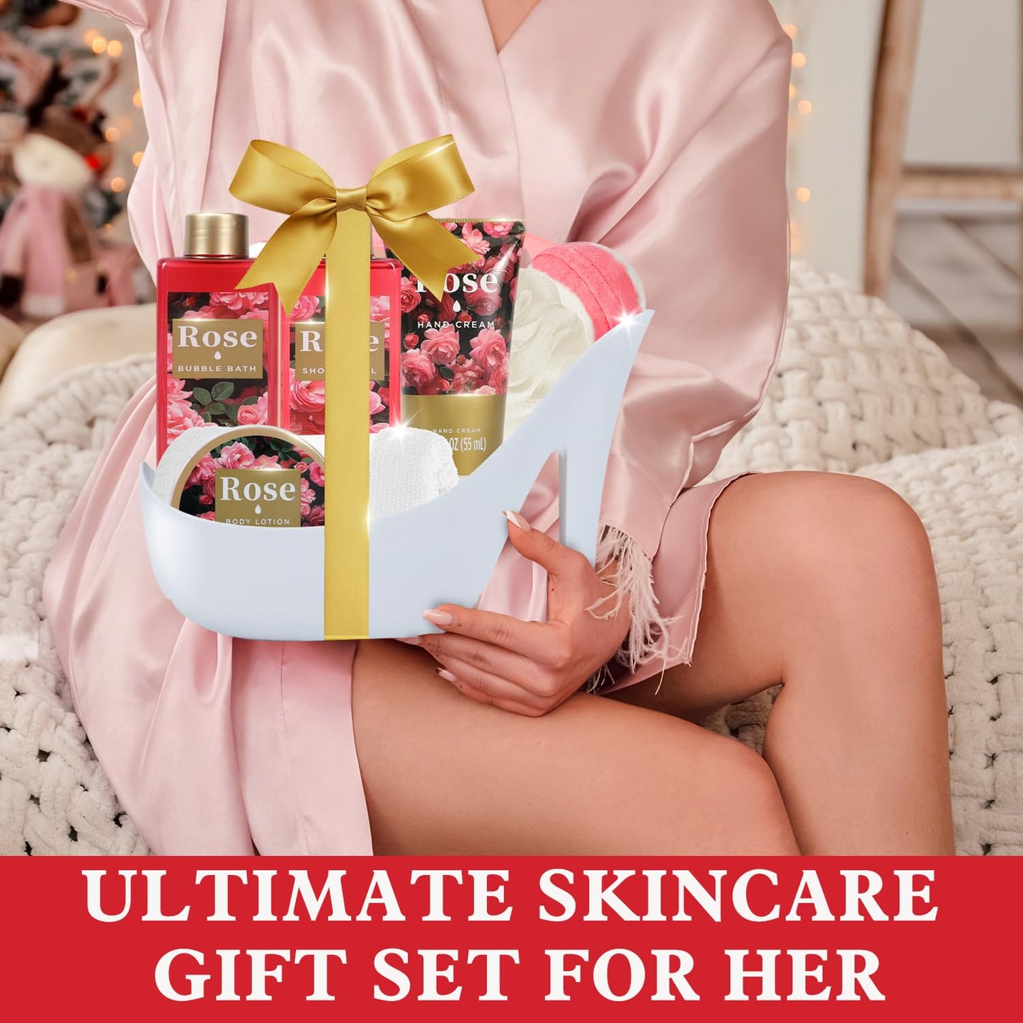 Romantic Rose Christmas Gifts for Women Spa Gift Basket, Bath Set with Bath Bombs & Body Lotion, Anniversary Valentine's Day Gifts for Her, Wife, Girlfriend