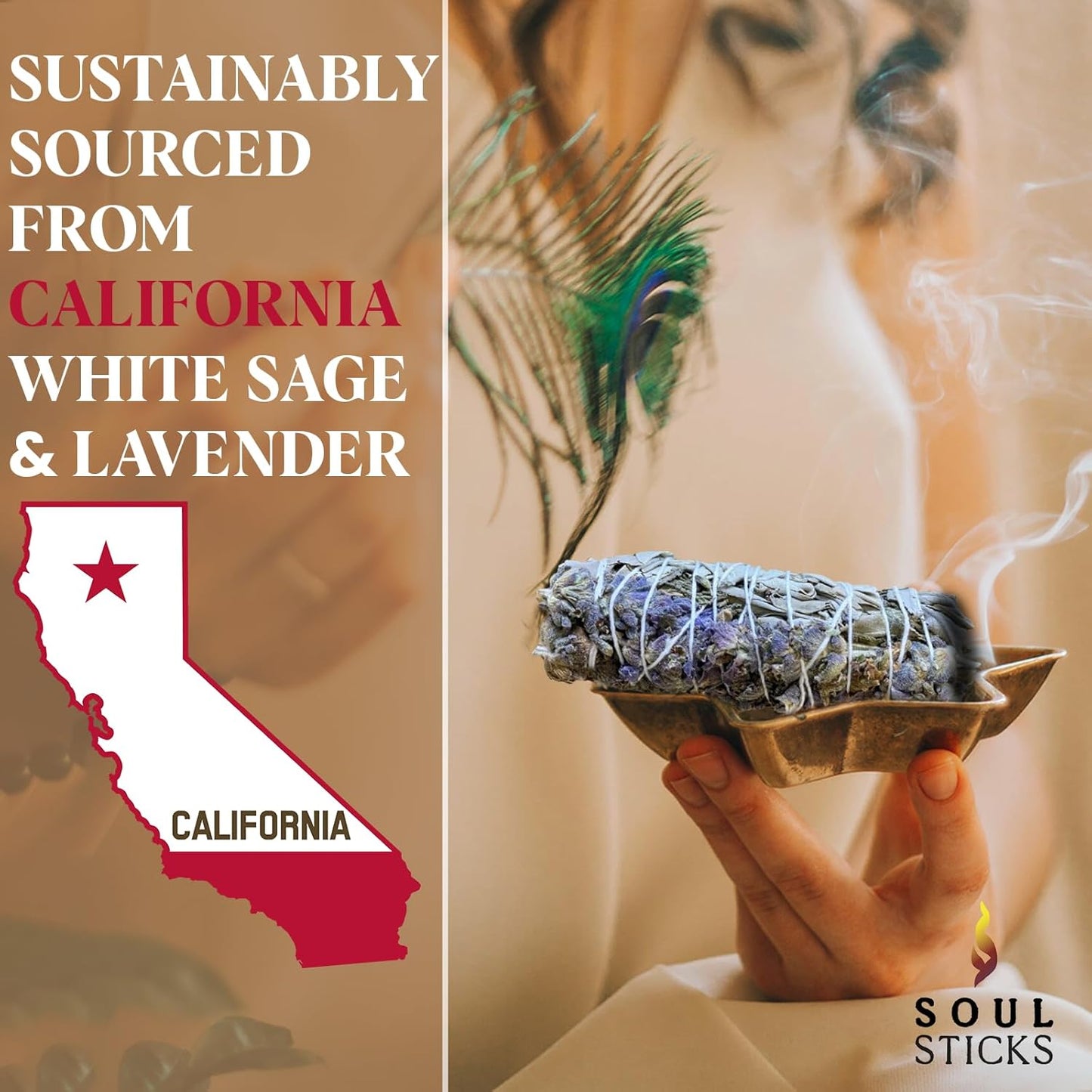 Soul Sticks 9 Inch 1 Pack Organic White Sage & Lavender Smudge Stick With Starter Guide, Bulk Quantities for Home Cleansing, Meditation, & Smudging Rituals, Sustainably Sourced California White Sage