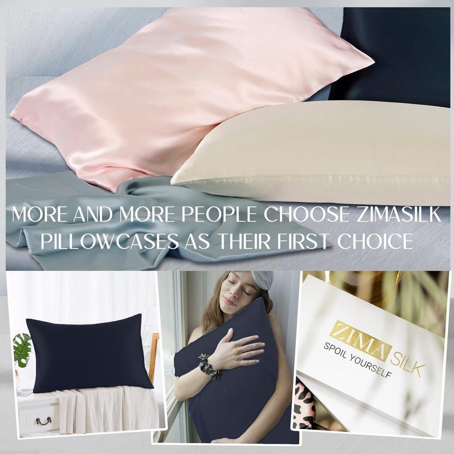 ZIMASILK 100% Pure Mulberry Silk Pillowcase for Hair and Skin Health,Soft and Smooth,Both Sides Premium Grade 6A Silk,600 Thread Count,with Hidden Zipper,1pc (King 20''x36'',Navy Blue)