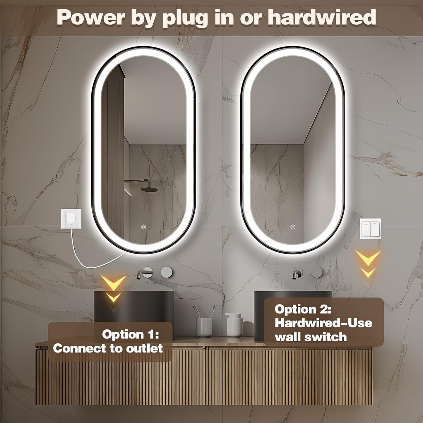 48" x 24" Oval LED Bathroom Mirror with Lights, Black Metal Framed Anti-Fog LED Vanity Mirror, Lighted Bathroom Mirrors Wall Mounted, Stepless Dimmable, Shatter-Proof, Horizontal/Vertical