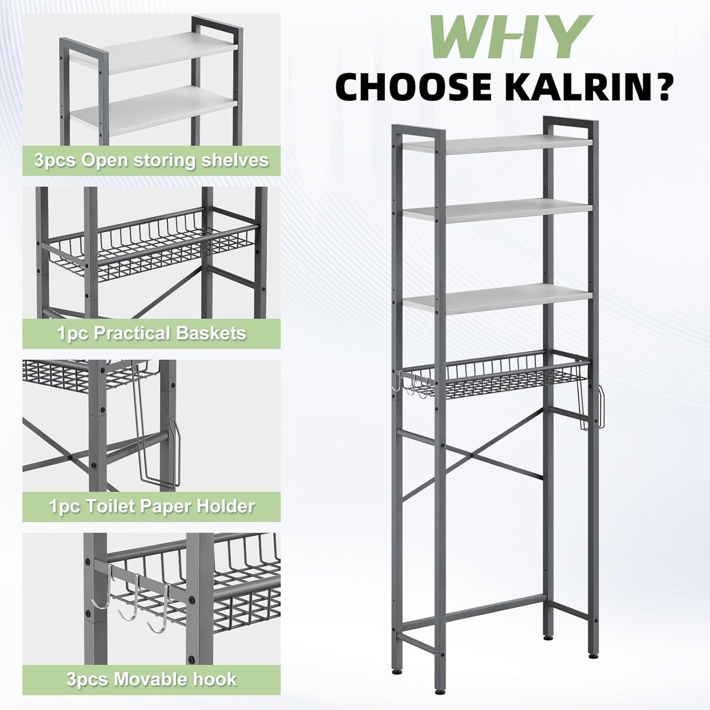 Over-The-Toilet Storage Rack, 4-Tier Bathroom Organizer Shelf Over Toilet with Adjustable Shelf and Basket, Freestanding Space Saver Bathroom Shelves Above Toilet for Room (Gray- White)