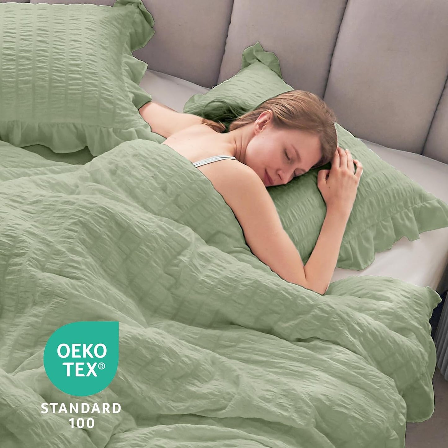 JOLLYVOGUE Sage Green King Comforter Set, 3 Pieces Seersucker Comforters King Size, Lightweight & Fluffy Bedding Sets King for All Season with 1 Ruffle Comforter and 2 Ruffle Pillowshams