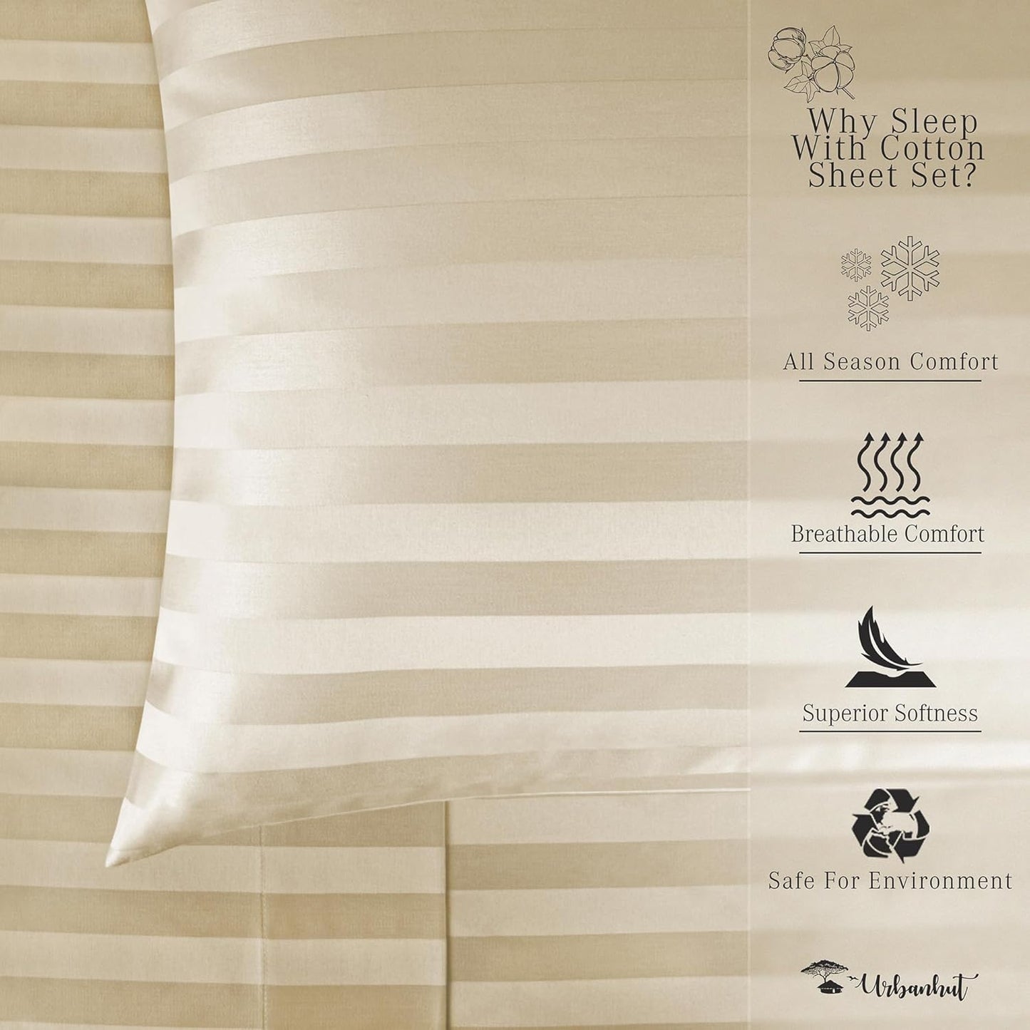 URBANHUT 1000 Thread Count Damask Striped Queen Size Egyptian Cotton Sheets, Long Staple Soft & Breathable, 4 Pc Bed Sheet Sets, Luxury Hotel Sateen Sheets Fits 16" Deep Pocket - Sand