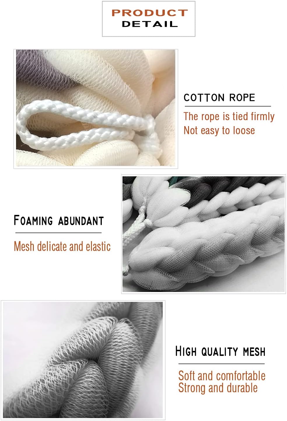 AARAINBOW 2 Packs Upgraded Long Stretch Back Sponge with Rope Handles Back Scrubber Bath Shower Mesh Sponge Exfoliating Body Scrub Stretch Braided Loofah for Men Women Loofah Rope (2 Gray)