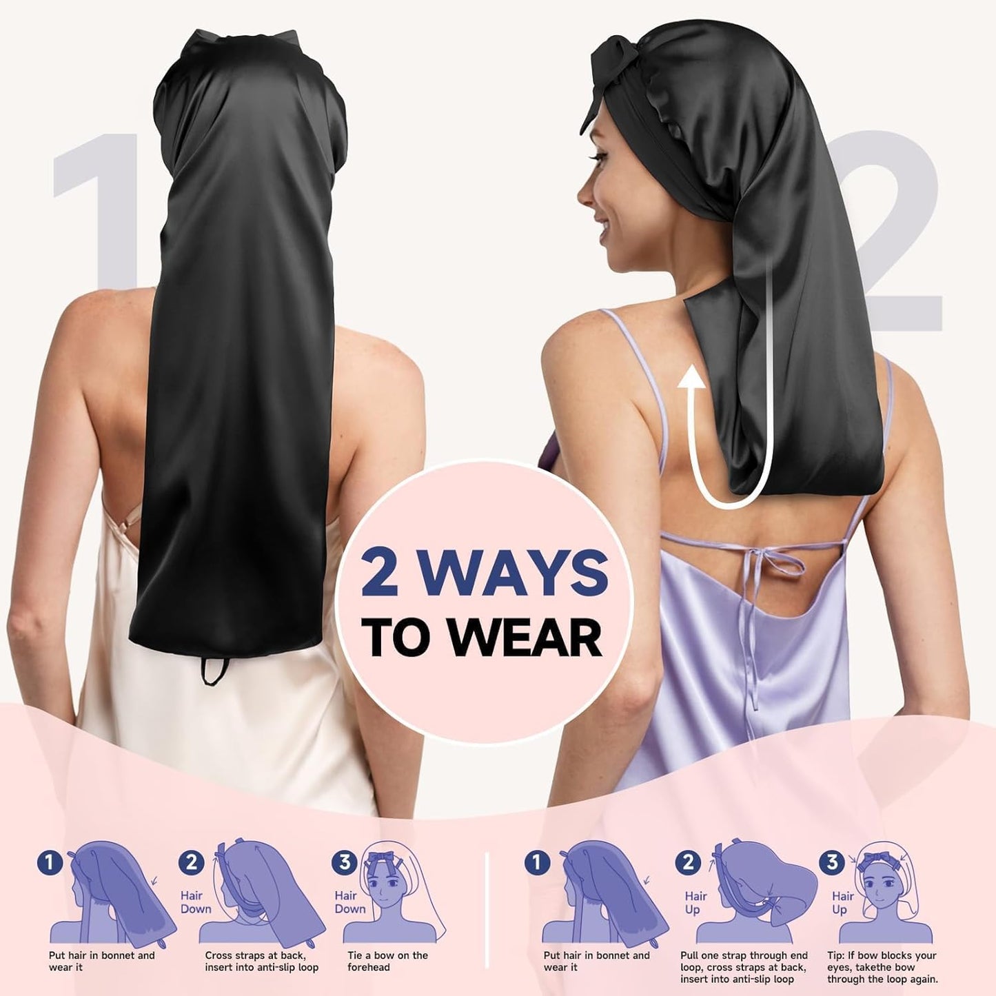 Umisleep 22 Momme Mulberry Silk Bonnet for Sleeping Women, Untangled Hair Care Bonnet, Extra Long for Curls & Braids - Lays Flat for Styling, Double Layer Hair Wrap with Soft Adjustable Tie, Black