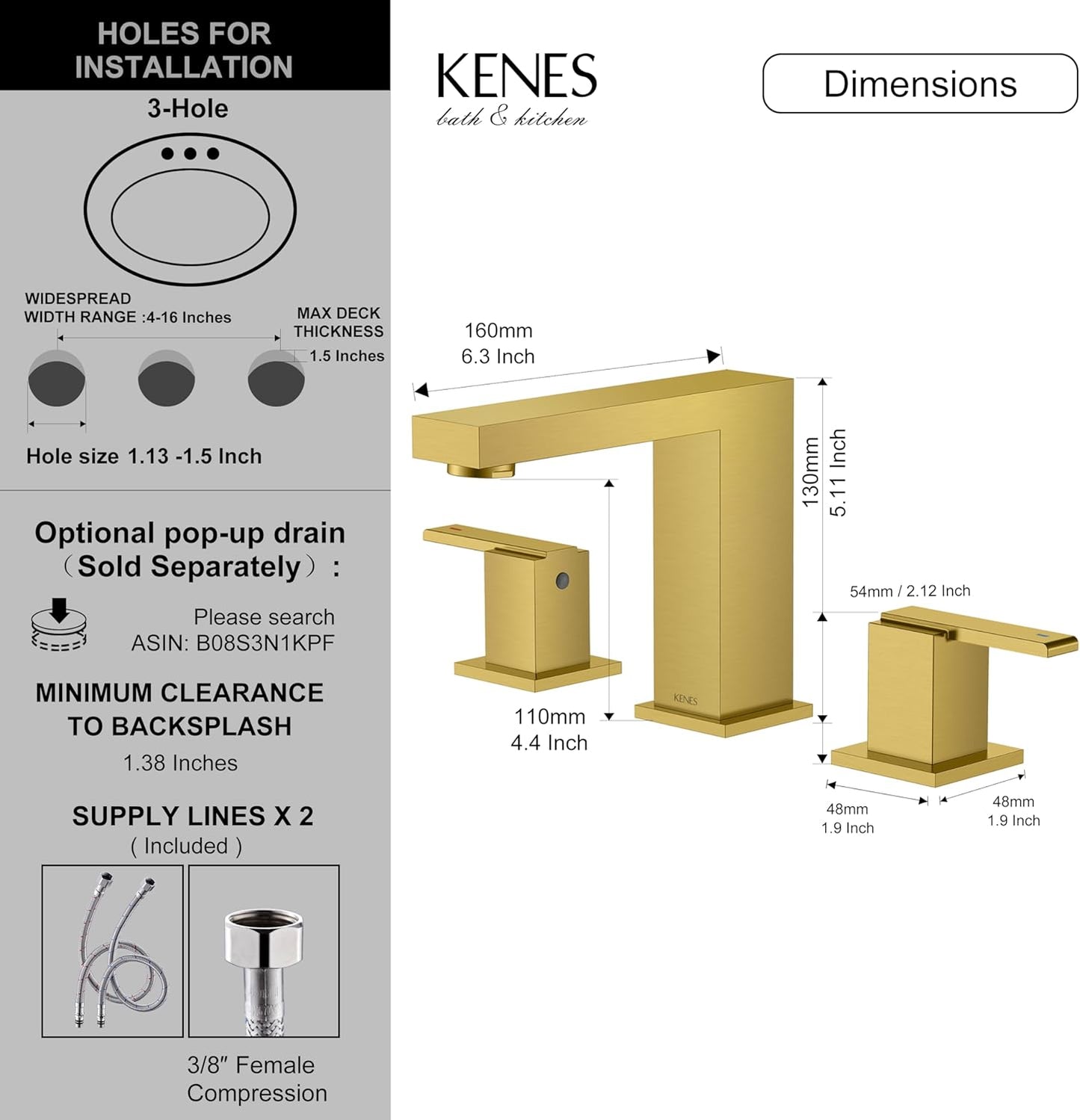 KENES Brushed Gold Widespread Bathroom Faucet 2 Handle Bathroom Sink Faucets 3 Hole, Gold 8-Inch 3 Pieces Vanity Lavatory Faucet with Supply Lines, KE-9050-4