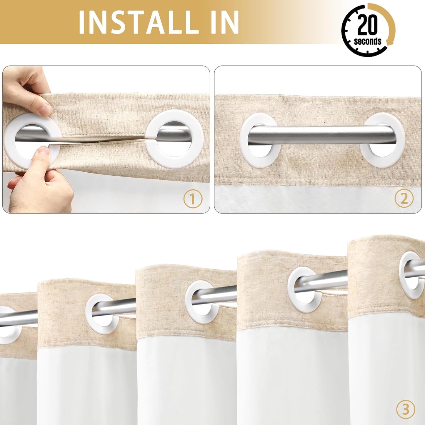 YellyHommy No Hook Linen Shower Curtain with Snap in Liner Set Less Time, Hotel Beige Shower Curtain for Bathroom Fabric with Mesh Top Window, Extra Long 87" L x 72" W