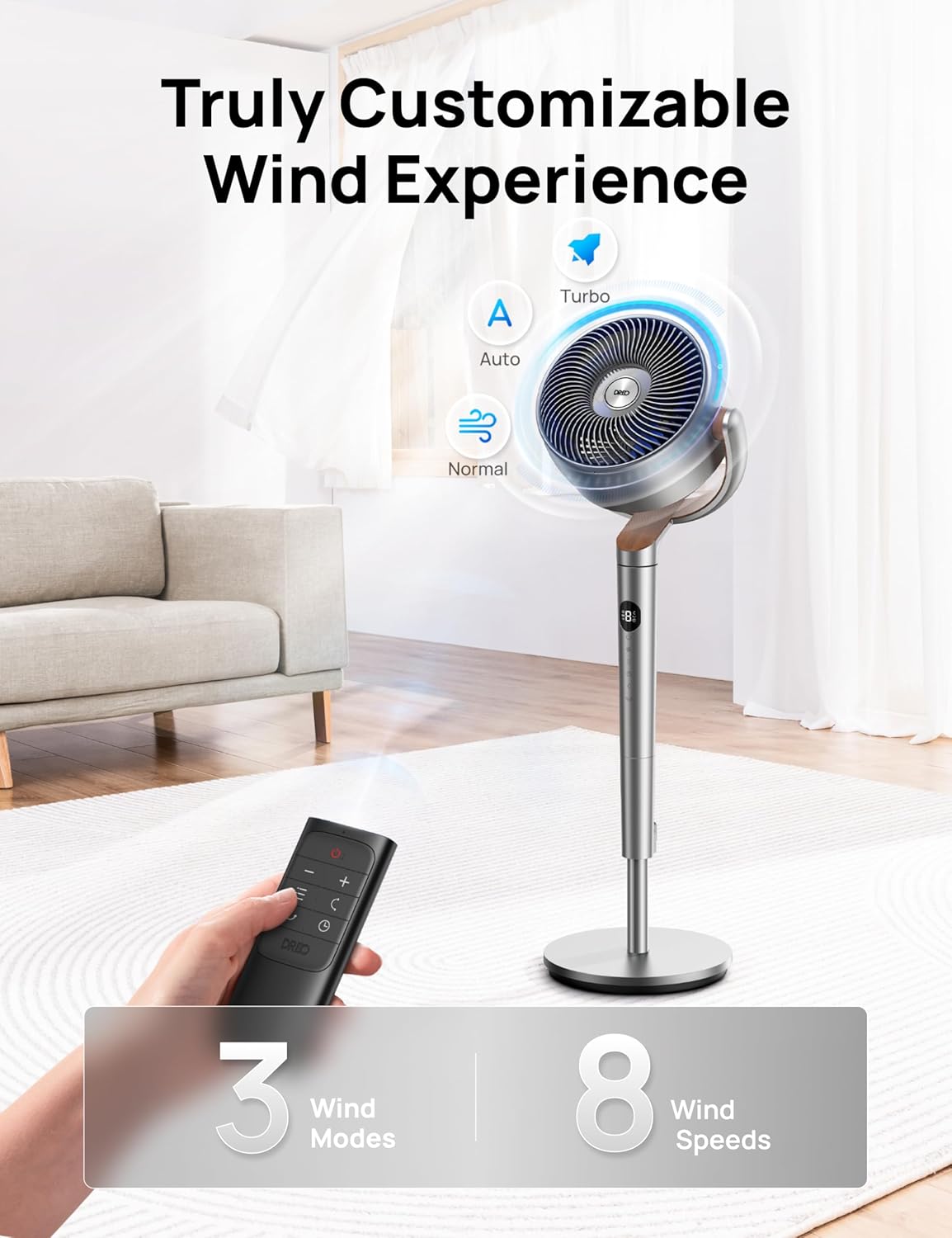 Dreo Fan for Bedroom, 120°+120°Omni-directional Oscillating Fan, DC Motor, 20 dB Quiet Standing Pedestal Fans, 90ft, 8 Speeds, 3 Modes Circulator with Remote, 35-40" Adjustable Height, 8H Timer