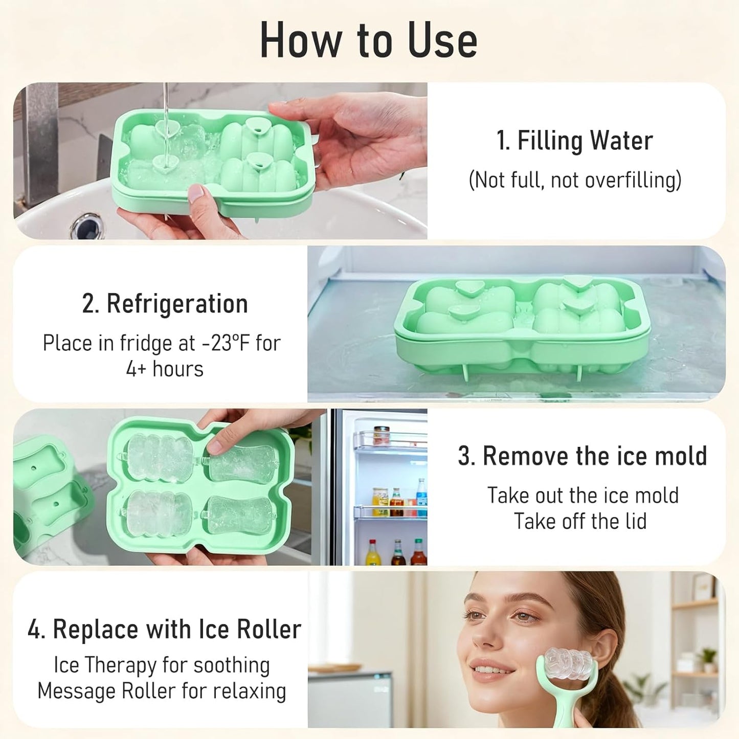 Ice Roller for Face Women Replaceble Rollers + Reusable 2 in 1 Silicone Facial Eyes Ice Cube Mold Set, Body Message Stick Holder for Reduce Puffiness Relief Shrink Pores Anti Wrinkle Skin Care, Green