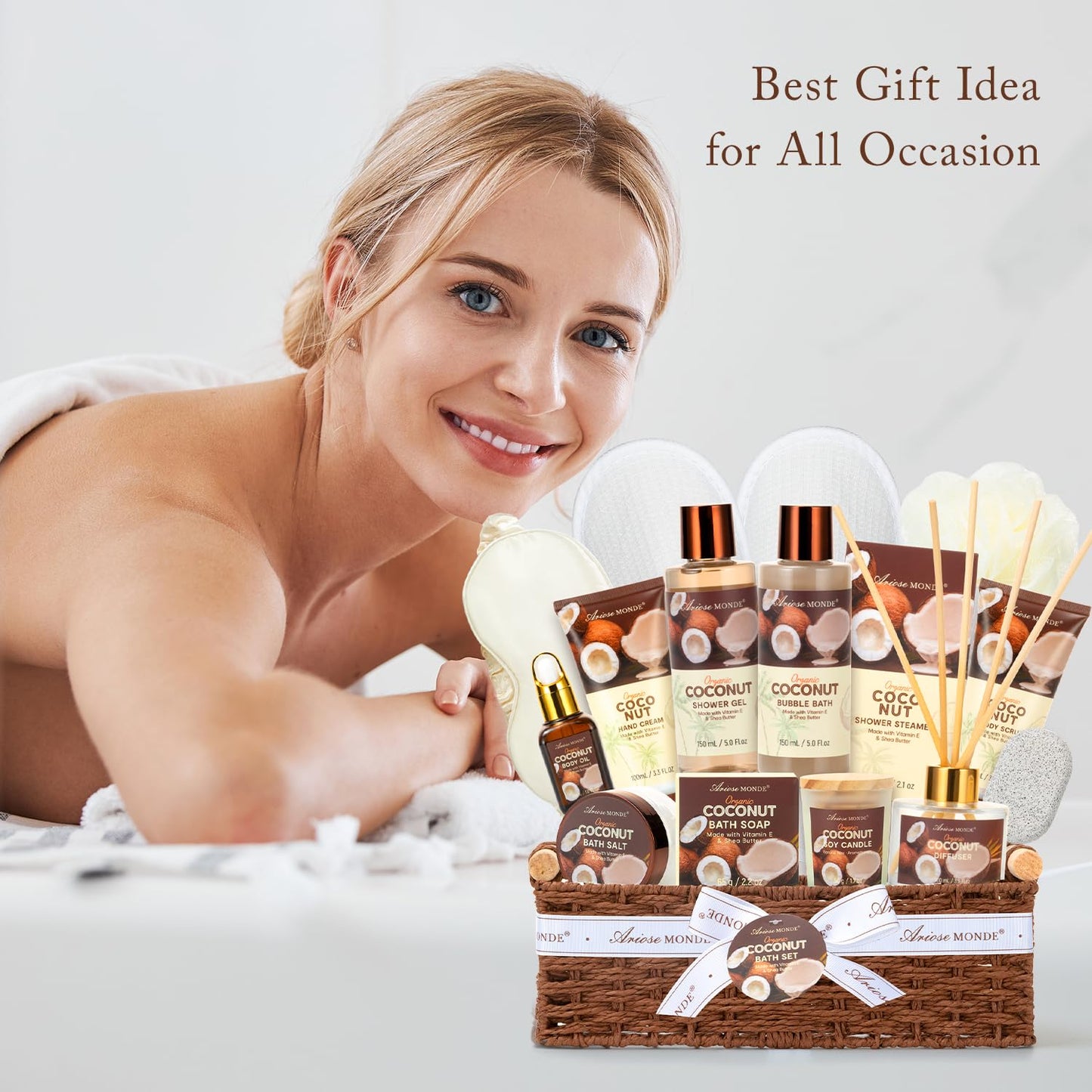 Spa Gift Basket for Women, Coconut Luxury Gift Set with Shower Gel, Bubble Bath, Hand Cream, Bath Soap, Bath Salt, Essential Oil, Luxury Bath and Body Gift Kit for Christmas