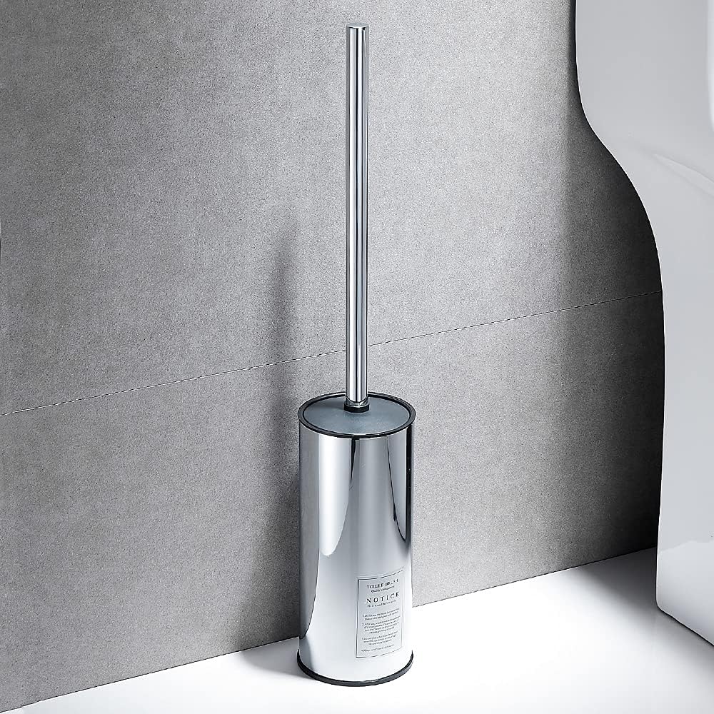 Freestanding Toilet Brush Holder for bathrooms 304 Stainless Steel Toilet Brush Stand Round Storage and Organization Rust Resistant 18-inch high Polished Chrome Finished