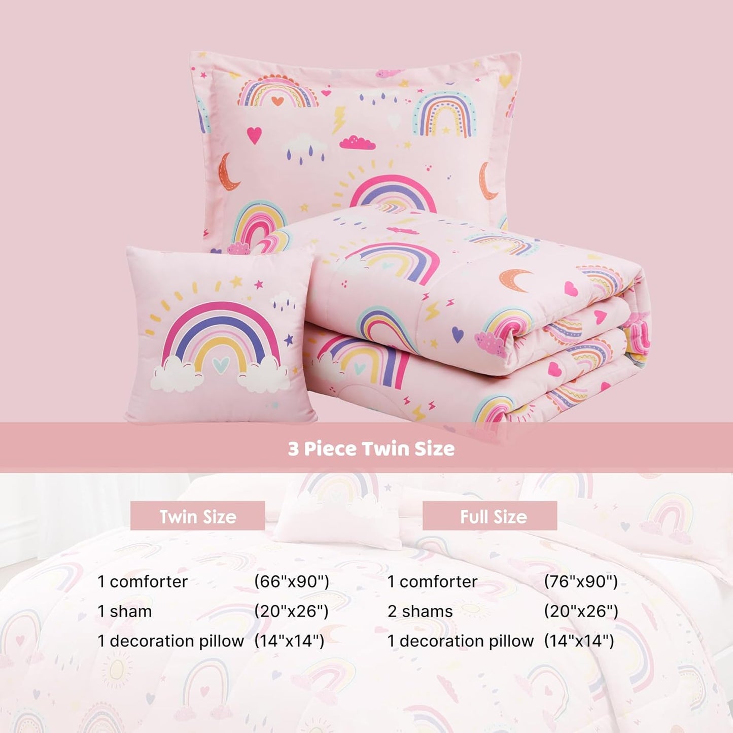 Twin Comforter Set for Girls-3 Pieces Pink Rainbow Glow in The Dark Twin Bedding Sets for Kids,1 Comforter,1 Sham and 1 Decor Pillow