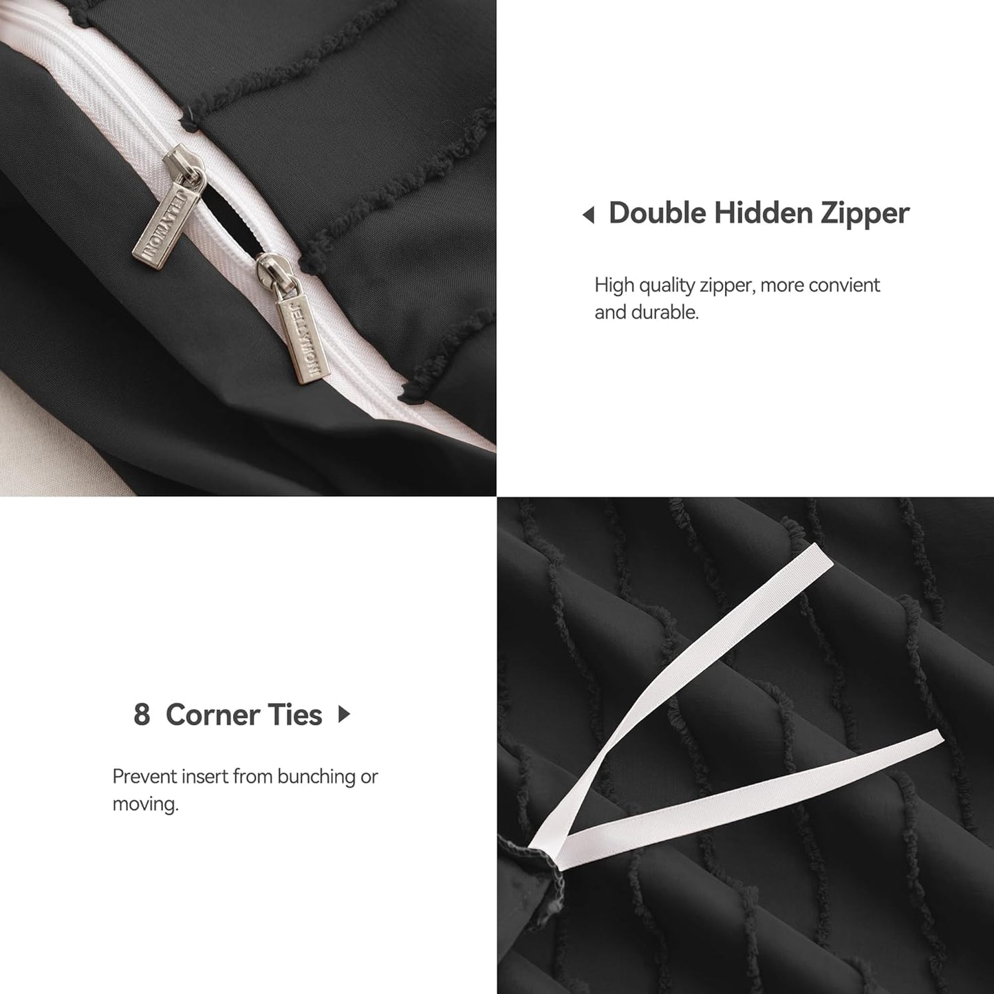 JELLYMONI Duvet Cover Full Size Black - 3PCS Boho Striped Duvet Cover Set Polyester Tufted Bohemian Textured Comforter Cover with Corner Ties & Zipper Closure