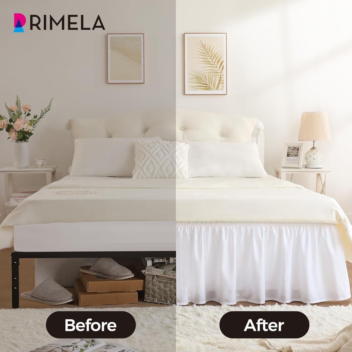 RIMELA Full Size White Bed Skirt 15 Inch Drop, Wrap Around Elastic Bed Skirts Full Size Dust Ruffle, Bedskirt for Adjustable Bed Base Solid Wrinkle and Fade Resistant Silky Fabric Machine Washable
