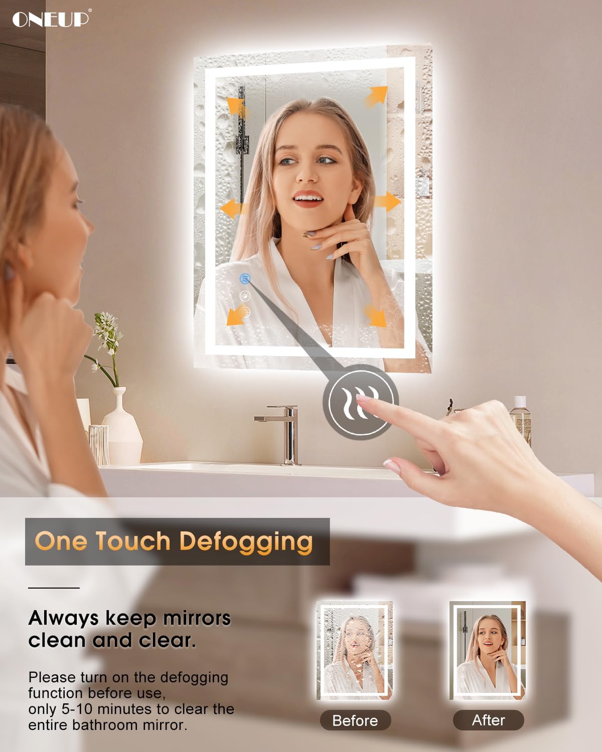 oneup 24x32'' LED Bathroom Mirror,Lighted Bathroom Mirror with Lights,Dimmable 3 Colors Temperature,Anti-Fog,Modern Vanity Mirrors for Wall,Touch Screen,Memory, Shatterproof