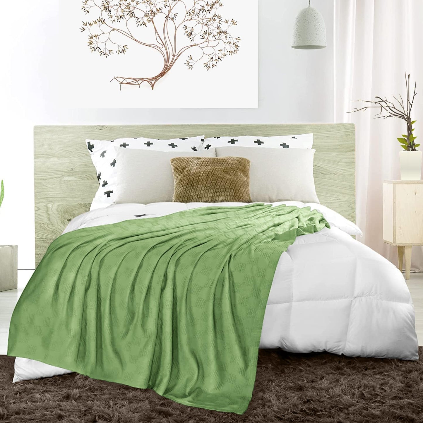 Avalon Bedding 100% Cotton Blankets King Size Thermal Blanket (108"x90") - Perfect Cotton Blanket King Size for Layering Bed in Any Season - Cotton Blankets for Bed (Green)
