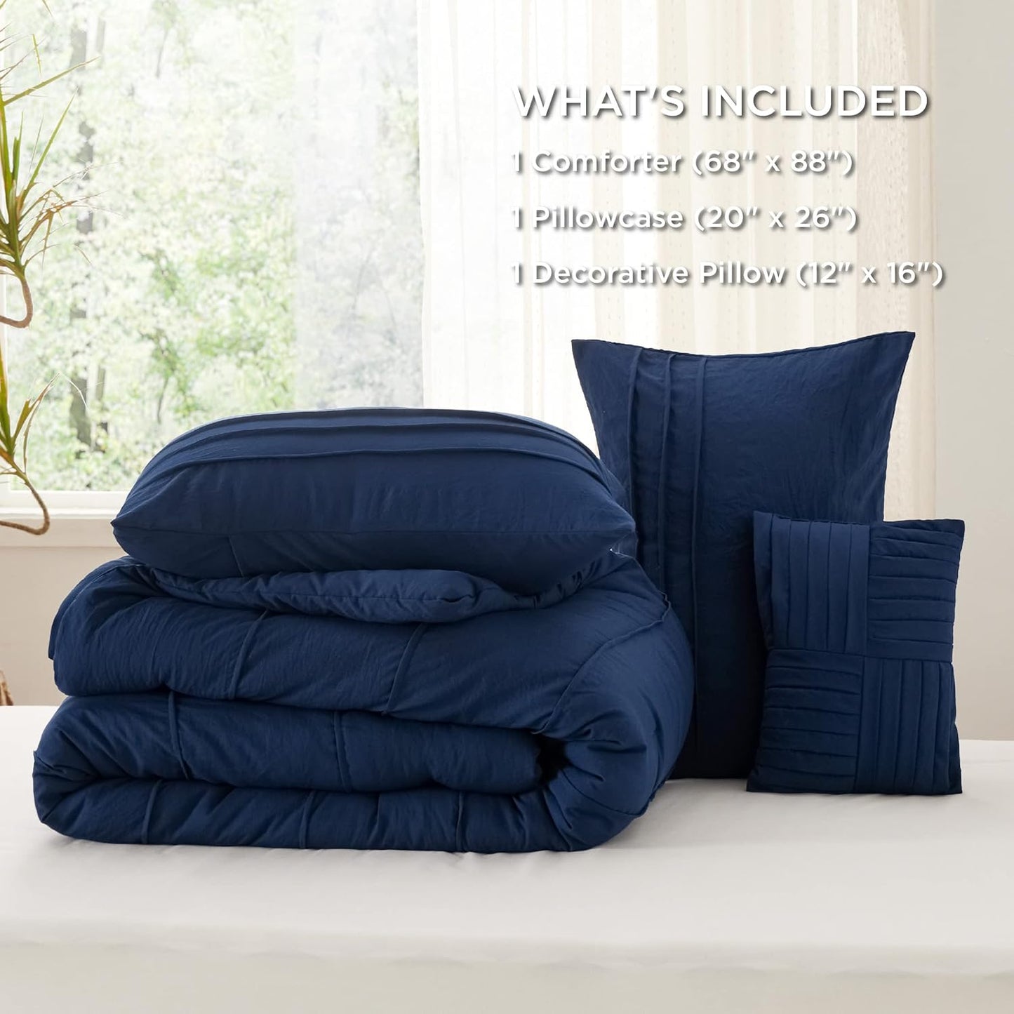 Bedsure Twin Comforter Set - 3 Pieces Pinch Pleat Bed Set, Navy Blue Boho Bedding for All Season, 1 Soft Comforter, 1 Pillowcase, 1 Decorative Pillow