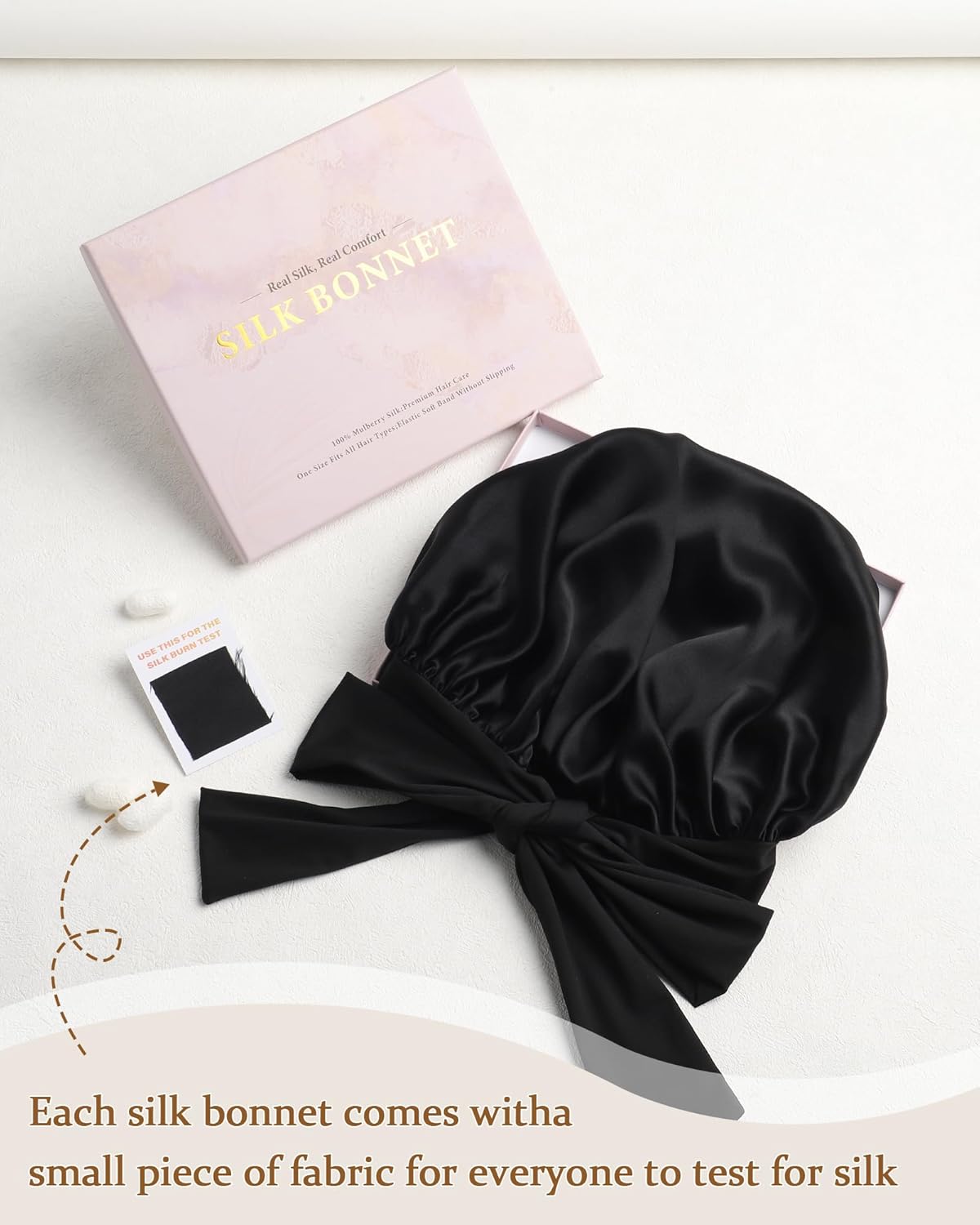 AWAYTR Mulberry Silk Bonnet for Sleeping - Silk Sleep Bonnet with Tie Band for Curly Hair Men and Women (Black)