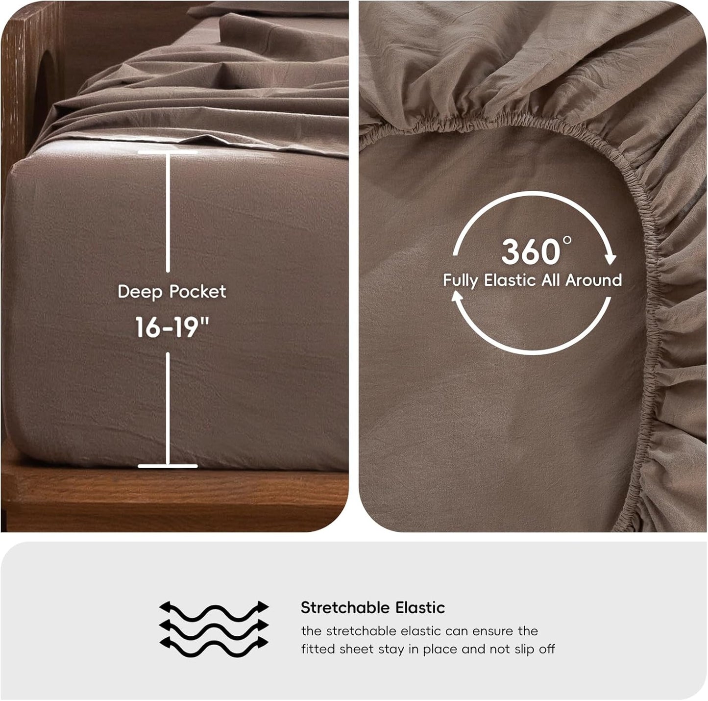 MooMee Bedding Sheet Set 100% Washed Cotton Linen Like Textured Breathable Durable Soft Comfy (Solid Brown, California King)