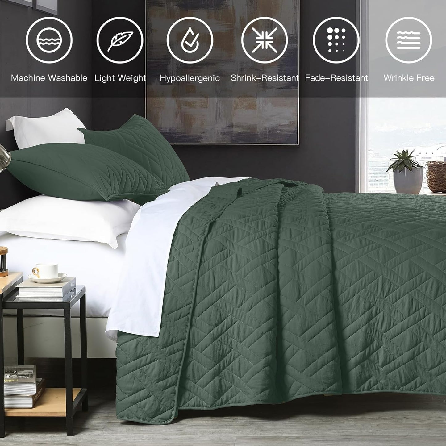HORIMOTE HOME Quilt Set King Size Dark Green, Classic Geometric Diamond Stitched Pattern, Ultra Soft Microfiber Lightweight Bedding Bedspread Coverlet for All Season with 1 Quilt 2 Pillow Shams