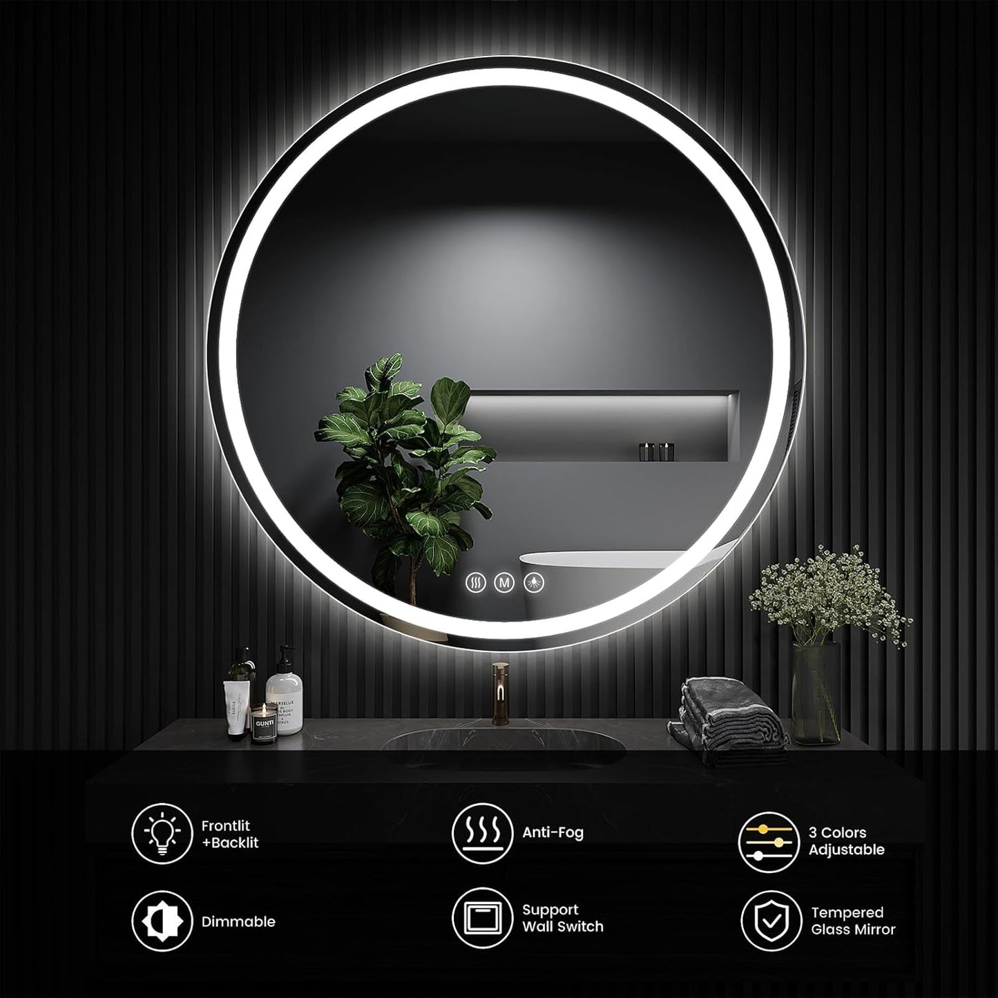 LED Bathroom Mirror 30 Inch Round Bathroom Mirror with Lights, Circle LED Mirror, Wall Mounted Lighted Bathroom with 3 Colors Brightness, Anti-Fog, Dimmable, Shatter-Proof