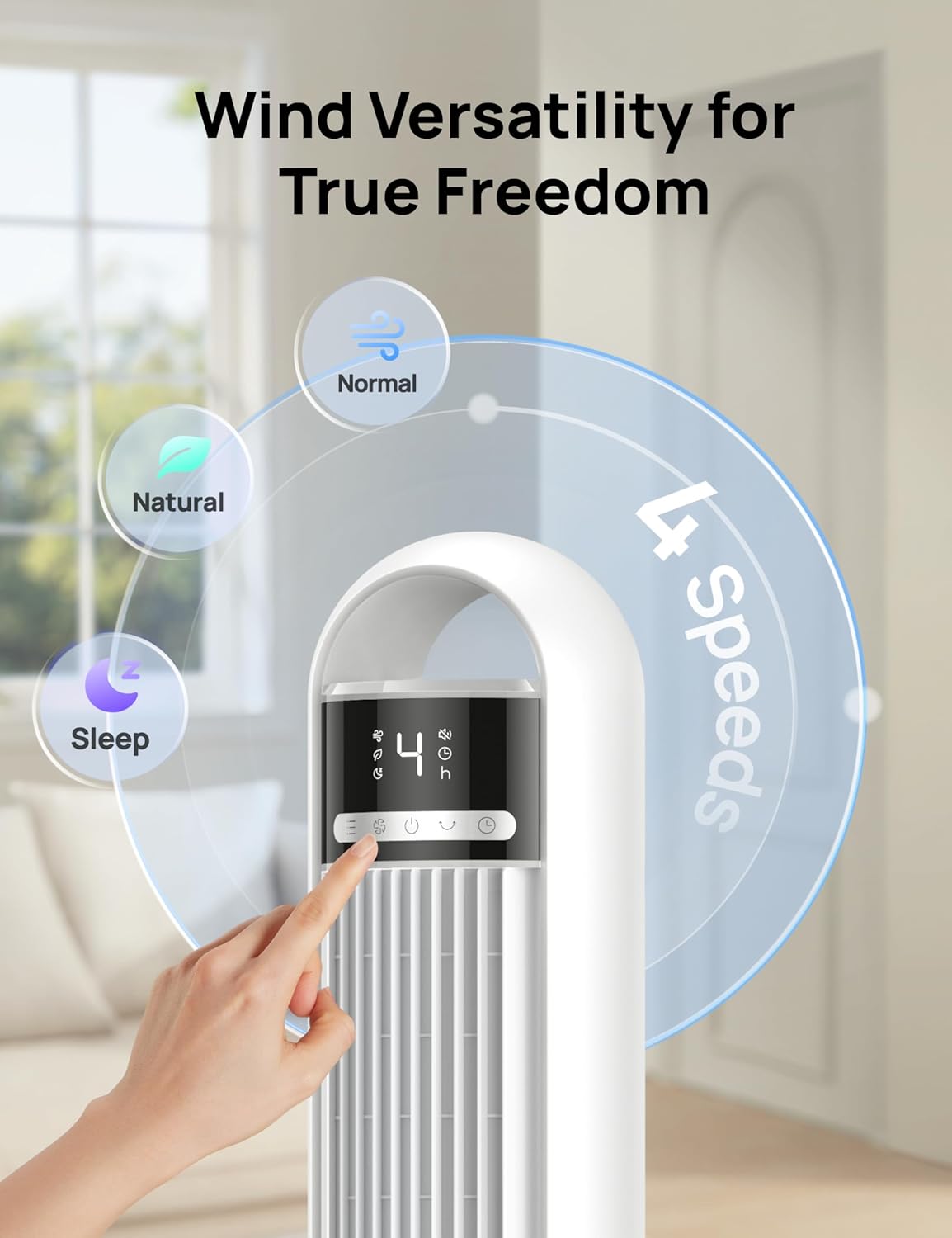 Dreo Tower Fan for Bedroom, 4 Speeds, 3 Modes Standing Fans for Room with 90° wide Oscillating, 28dB Quiet for Sleep, 25ft/s Velocity, 29ft Coverage, 8H Timer, Remote, Living Room, Office, Home, White