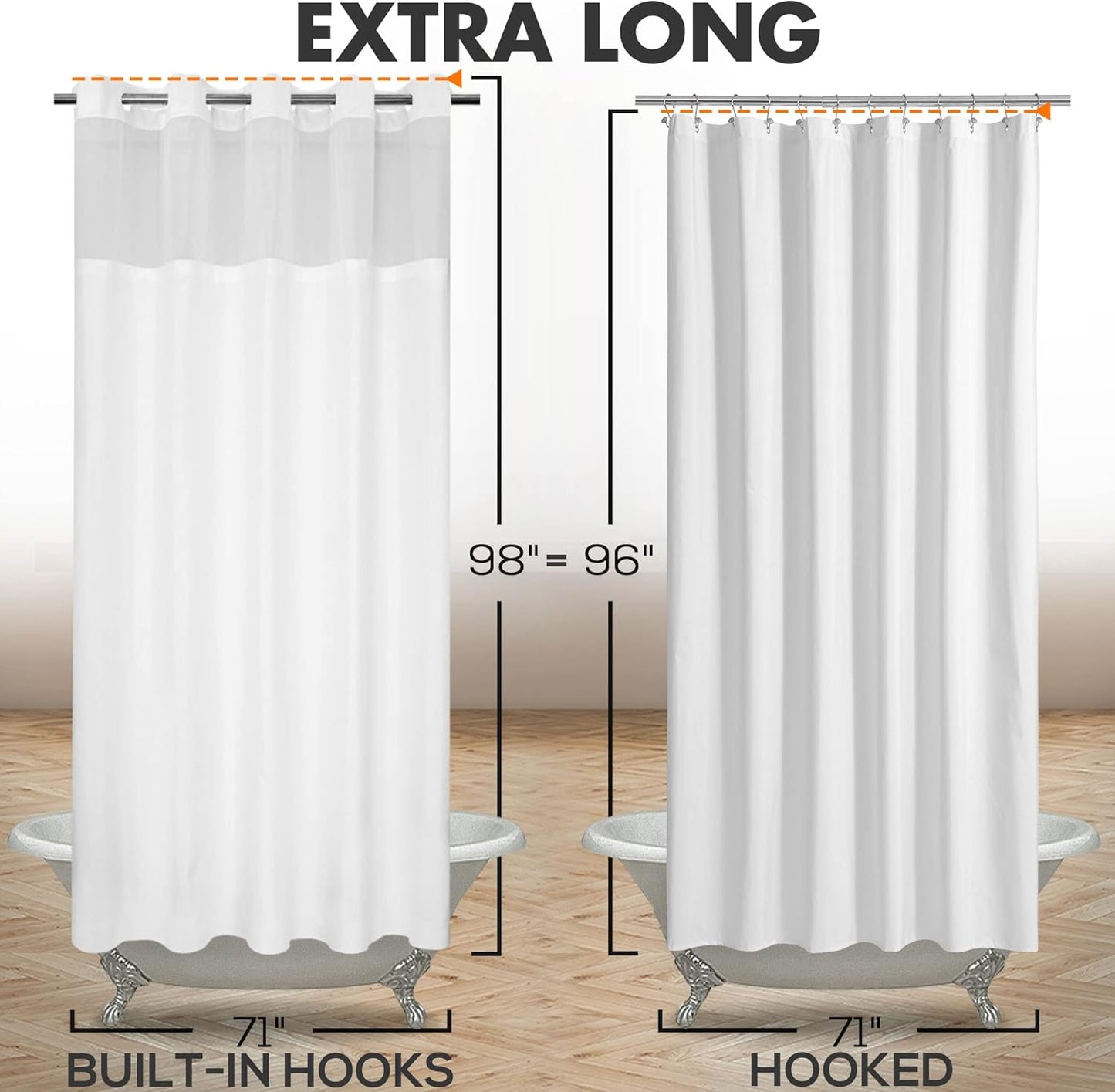 River Dream Extra Long No Hook Slub Textured Shower Curtain with Snap-in PEVA Liner Set - 71" x 98"(96"), Hotel Style with See Through Top Window, Fabric Curtain & Waterproof Liner, White, 71x98