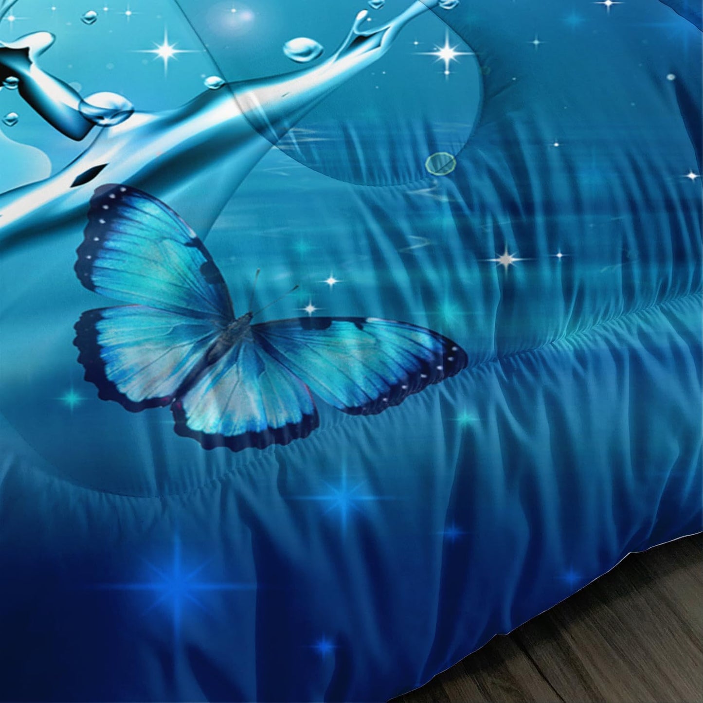 Fantasy Blue Butterfly Comforter Set Full Size,Butterflies on Water Flash Bedding Sets 3 Pieces,Blue Series Aesthetic Bedding for Kids Girls Boys Room Decor with 2 Pillowcases.