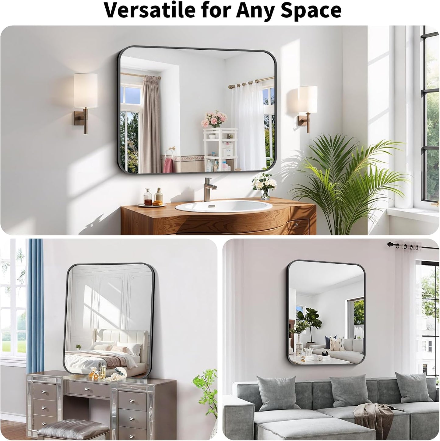 Koonmi Black Framed Bathroom Mirror - 30x40 Inch Shatterproof Tempered Glass Vanity Mirror for Bathroom Sink, Wall Mounted with Matte Aluminum Alloy Frame, No Distortion, Modern Decor