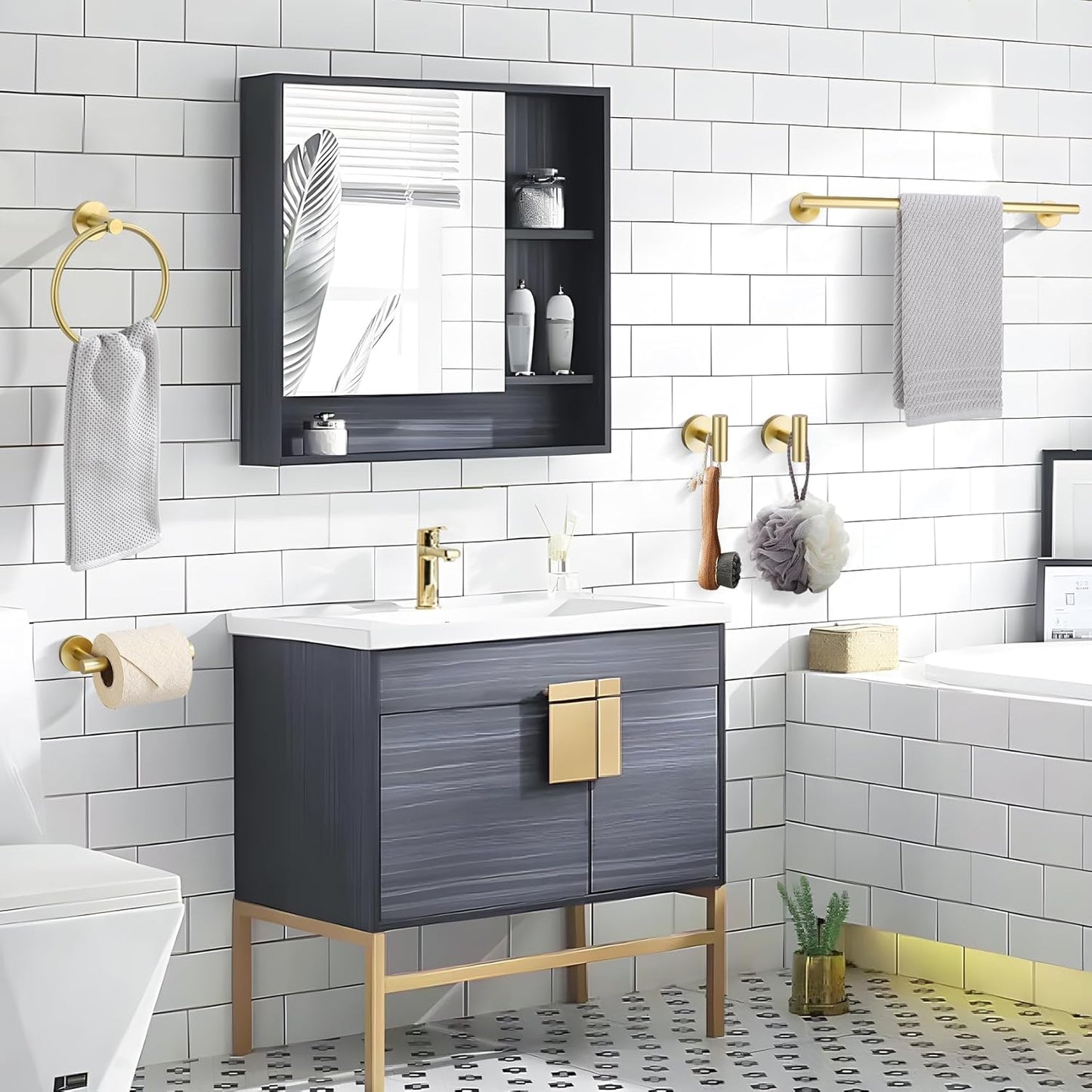 Lairuier 5 Pieces Brushed Gold Bathroom Accessories Set, 23.6 Inch Bath Towel Bar Set, SUS304 Stainless Steel Bathroom Hardware Set Round Toilet Paper Holder Set Wall Mounted